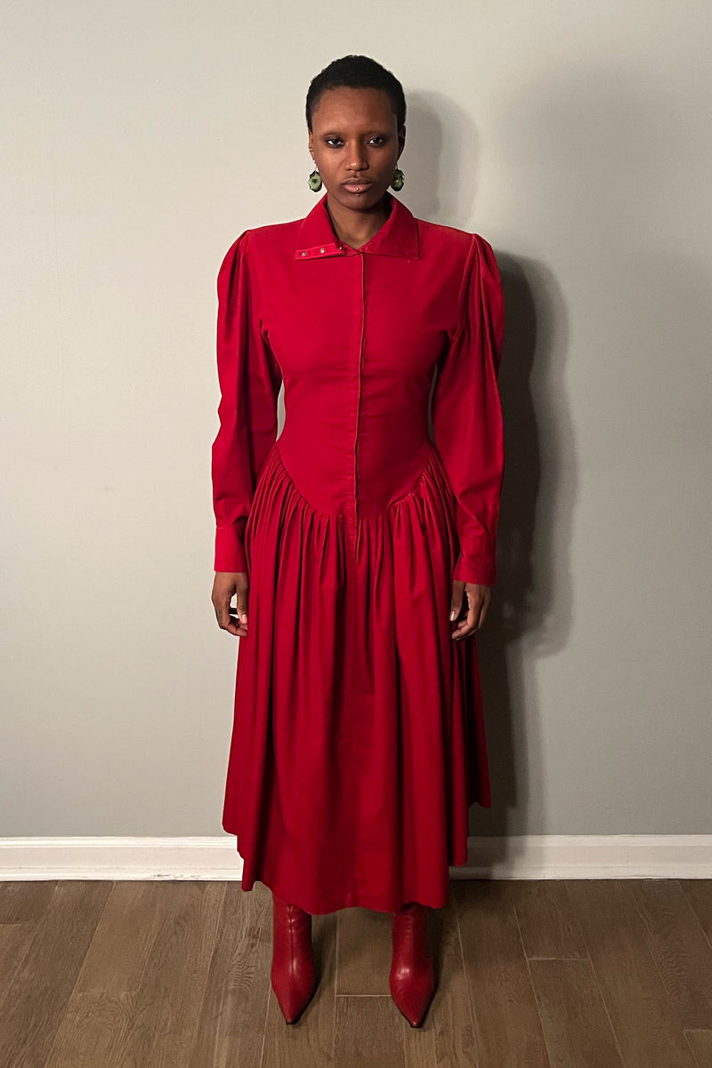 【USA製★80s名作】ヴィンテージ Norma Kamali レッドシャツ M 80s Norma Kamali Red Satin Dress