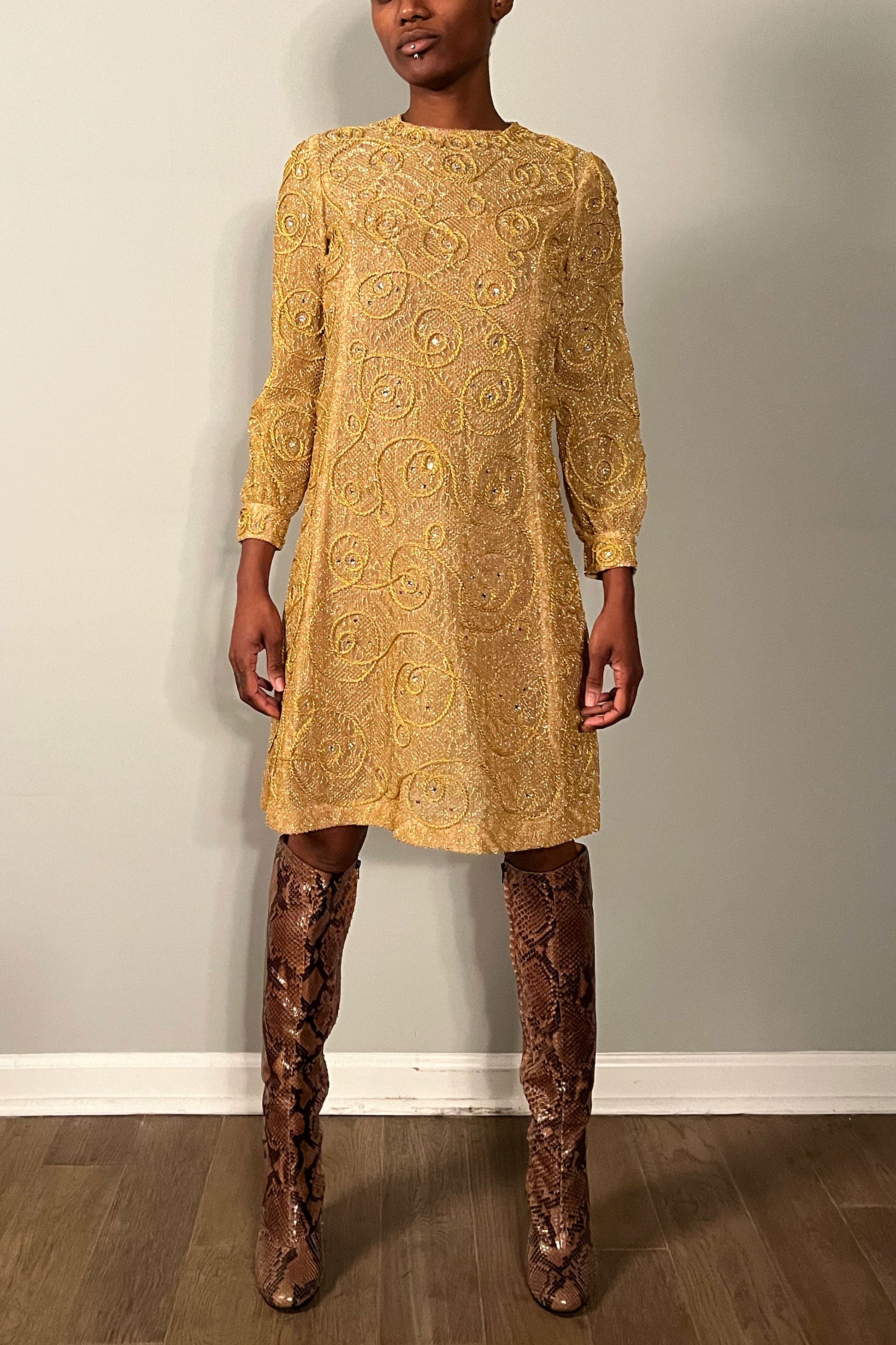 1960S Metallic Gold Sheer Overlay Dress Moore Vintage Archive 1960S Metallic Gold Sheer Overlay Dress Moore Vintage Archive