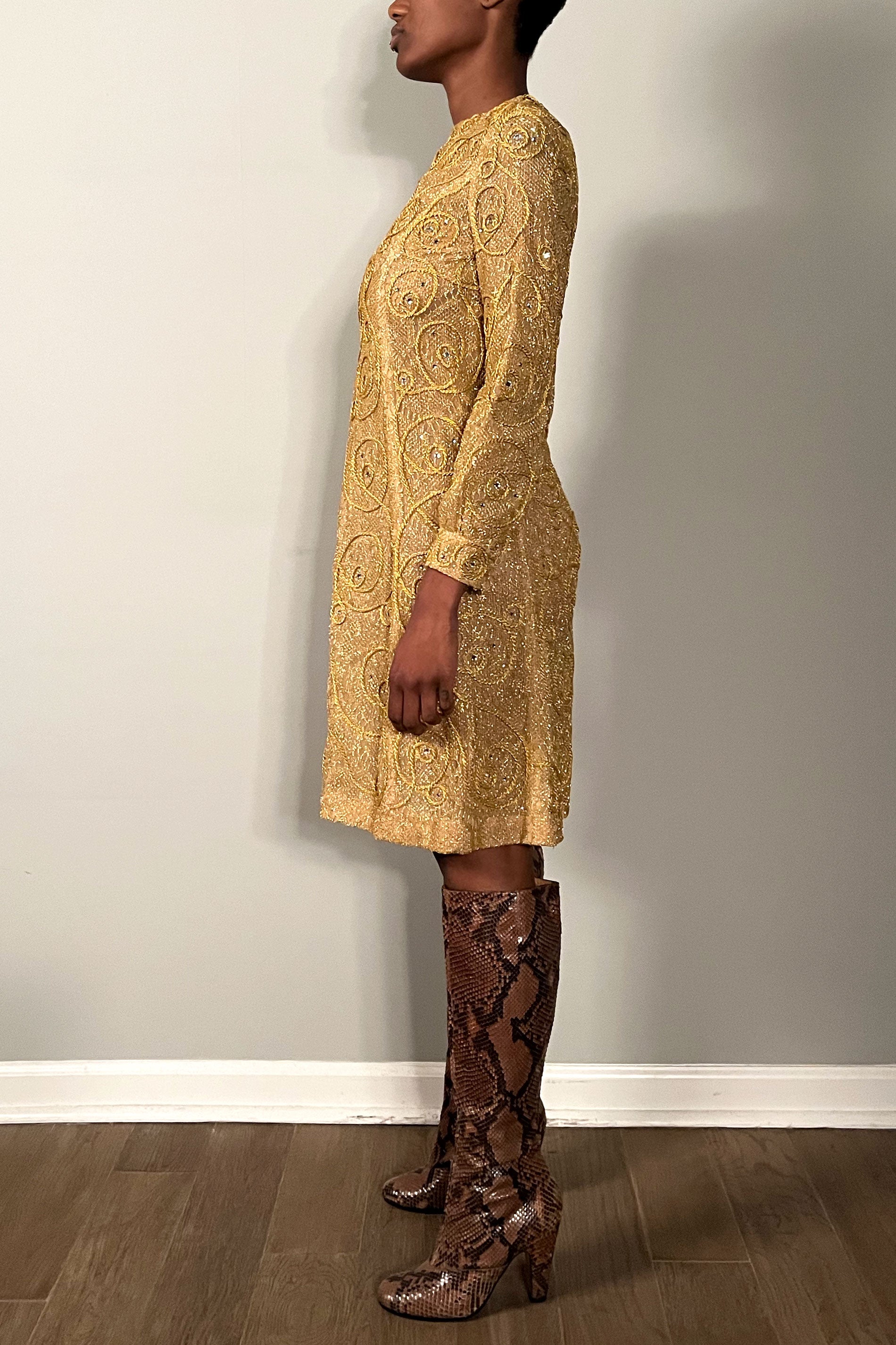 gold sheer dress Sexy Sequin See Through Tulle Long Sleeves Party Dresses, CP0656 clover sew Gold rhinestones The length of the panel is 66 inches Gold Rhinestone Dress Panel Front