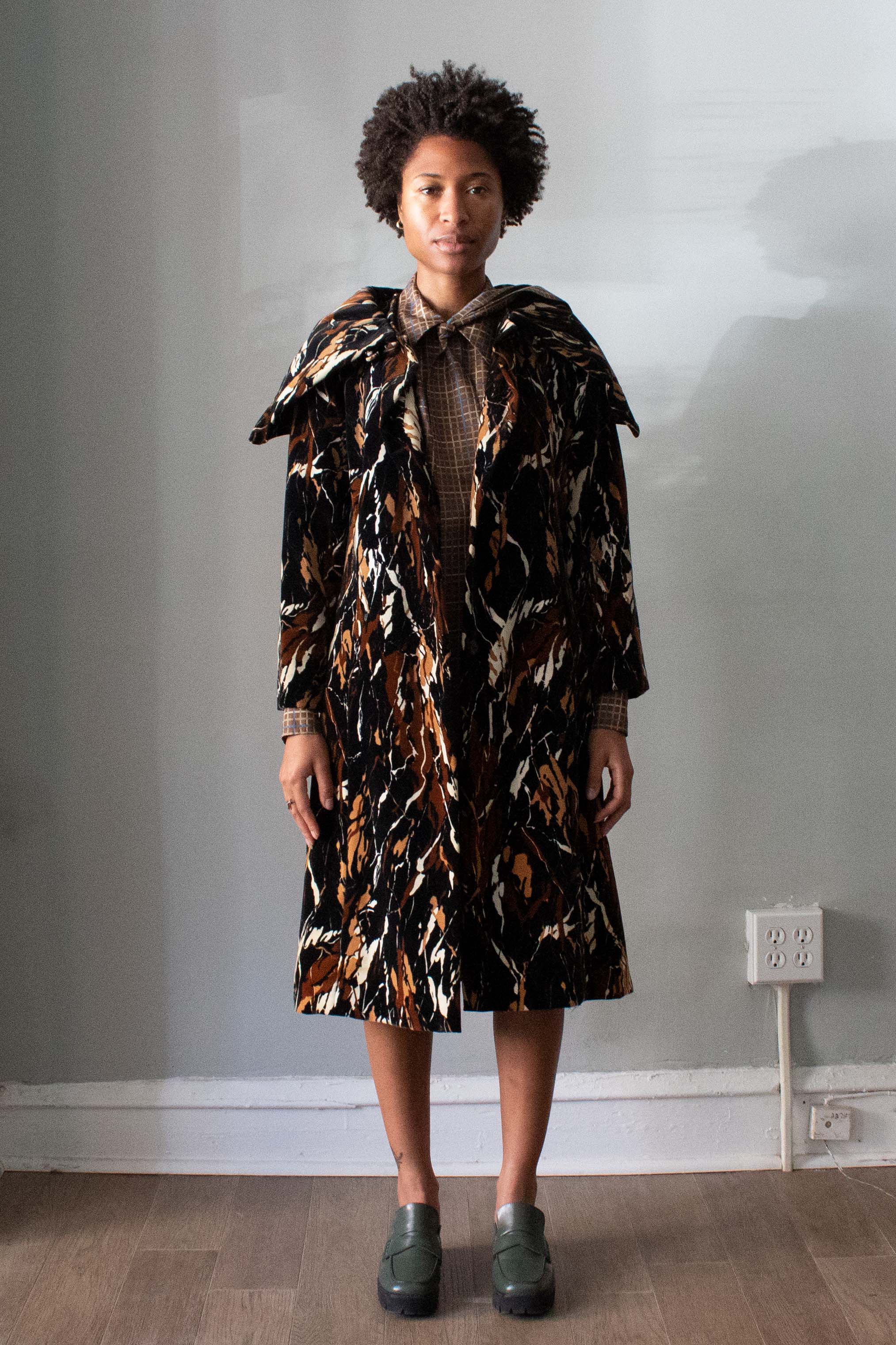 Pauline Trigere Black and Brown Abstract Printed Coat