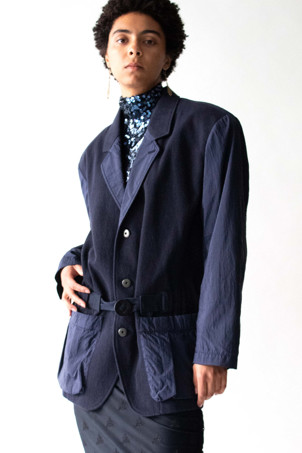 Issey Miyake Navy Blue Cotton Blend Mixed Material Blazer – Moore
