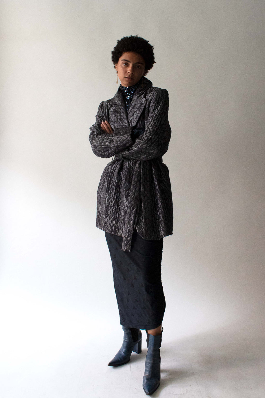Yves Saint Laurent Silver Silk and Wool Moiré Brocade Jacket