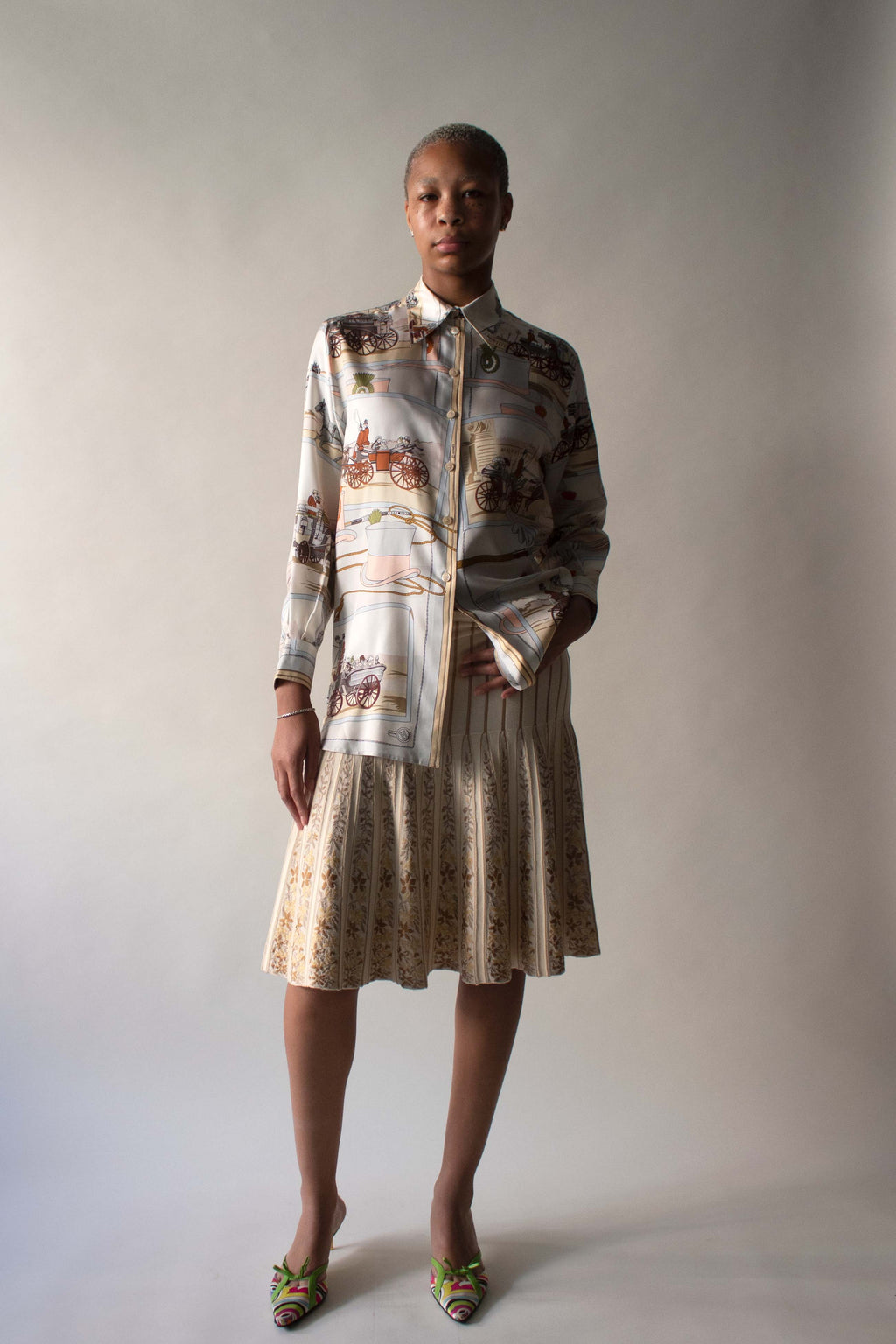 Hermes Cream Printed Silk Twill Shirt