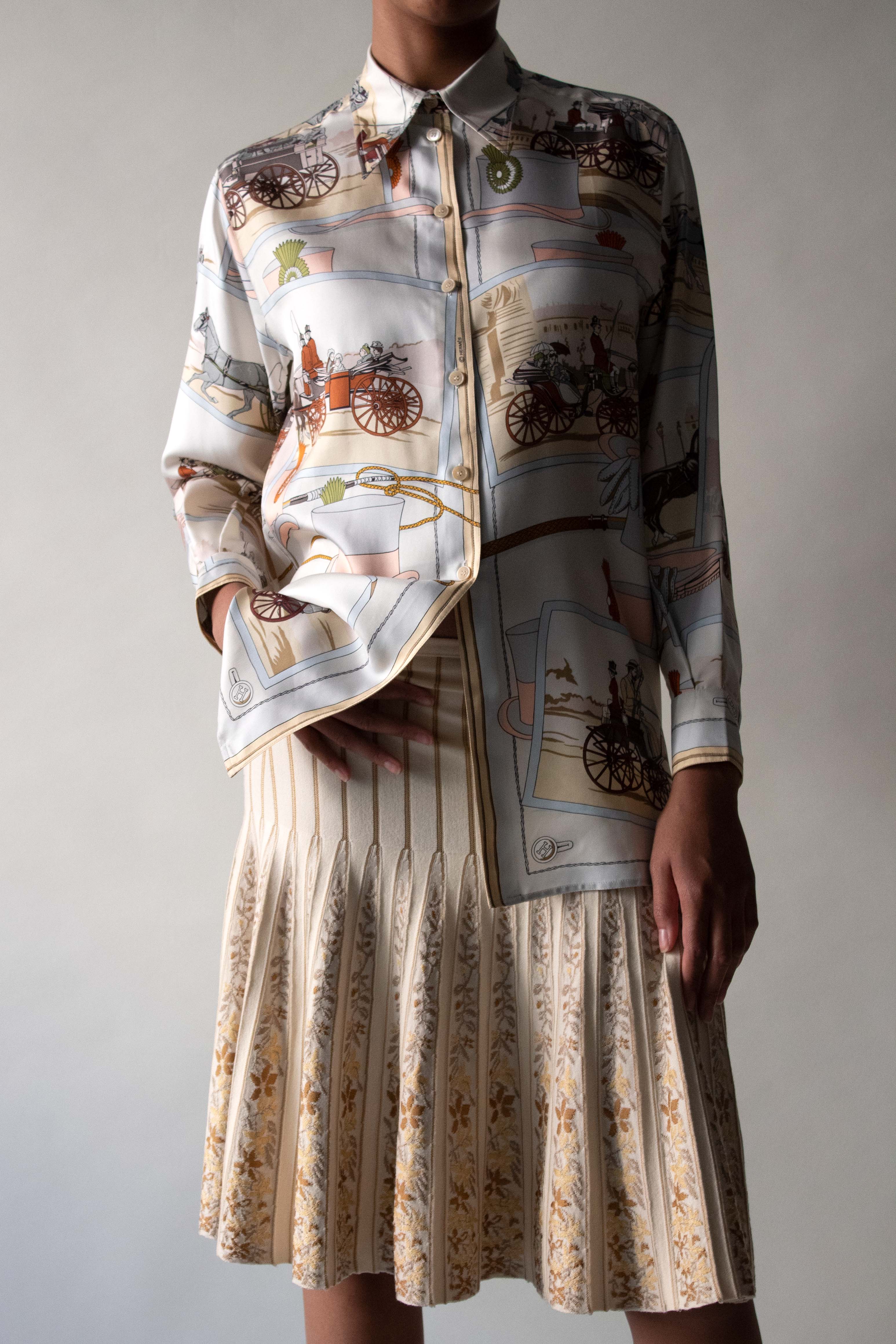 Hermes Cream Printed Silk Twill Shirt