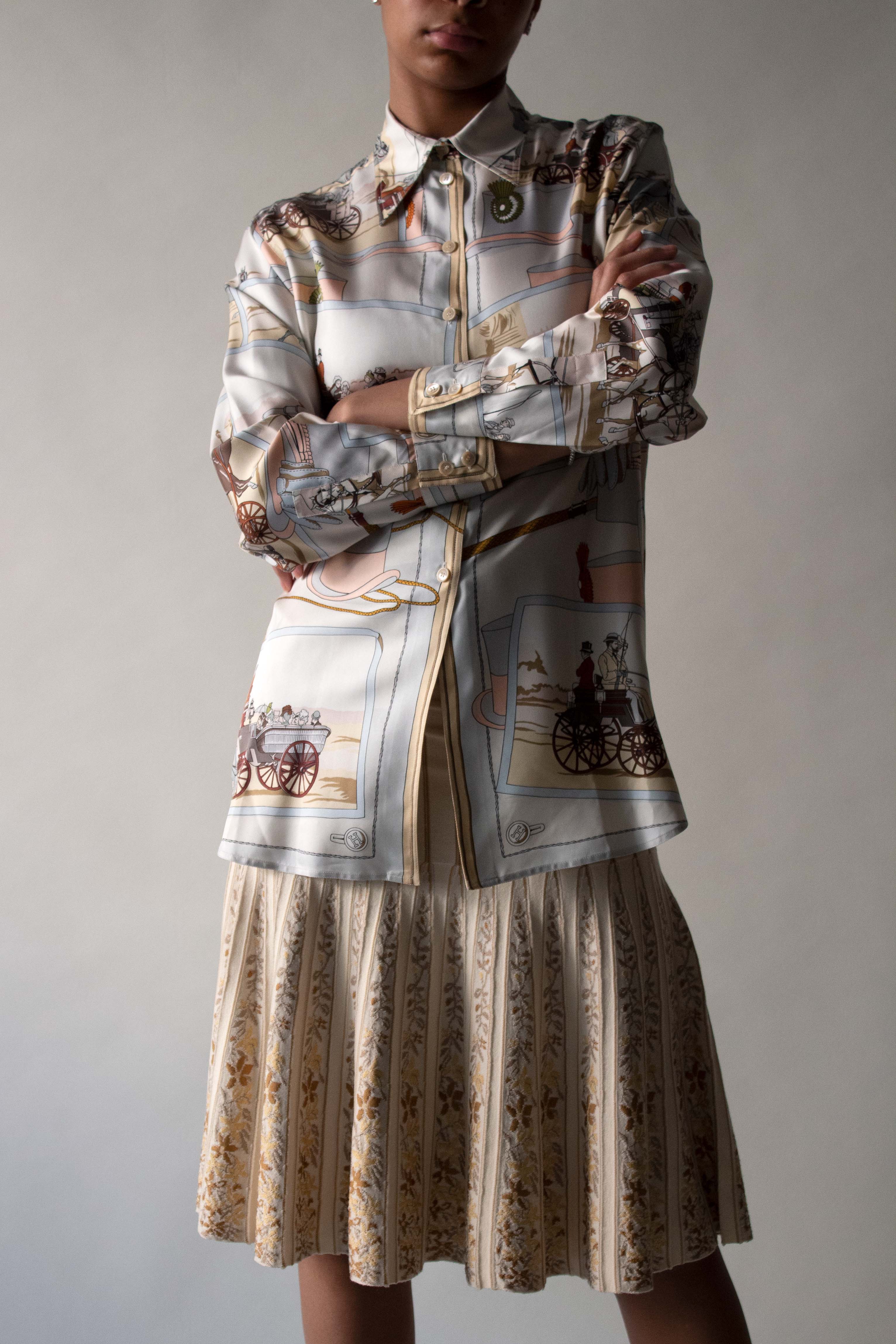 Hermes Cream Printed Silk Twill Shirt