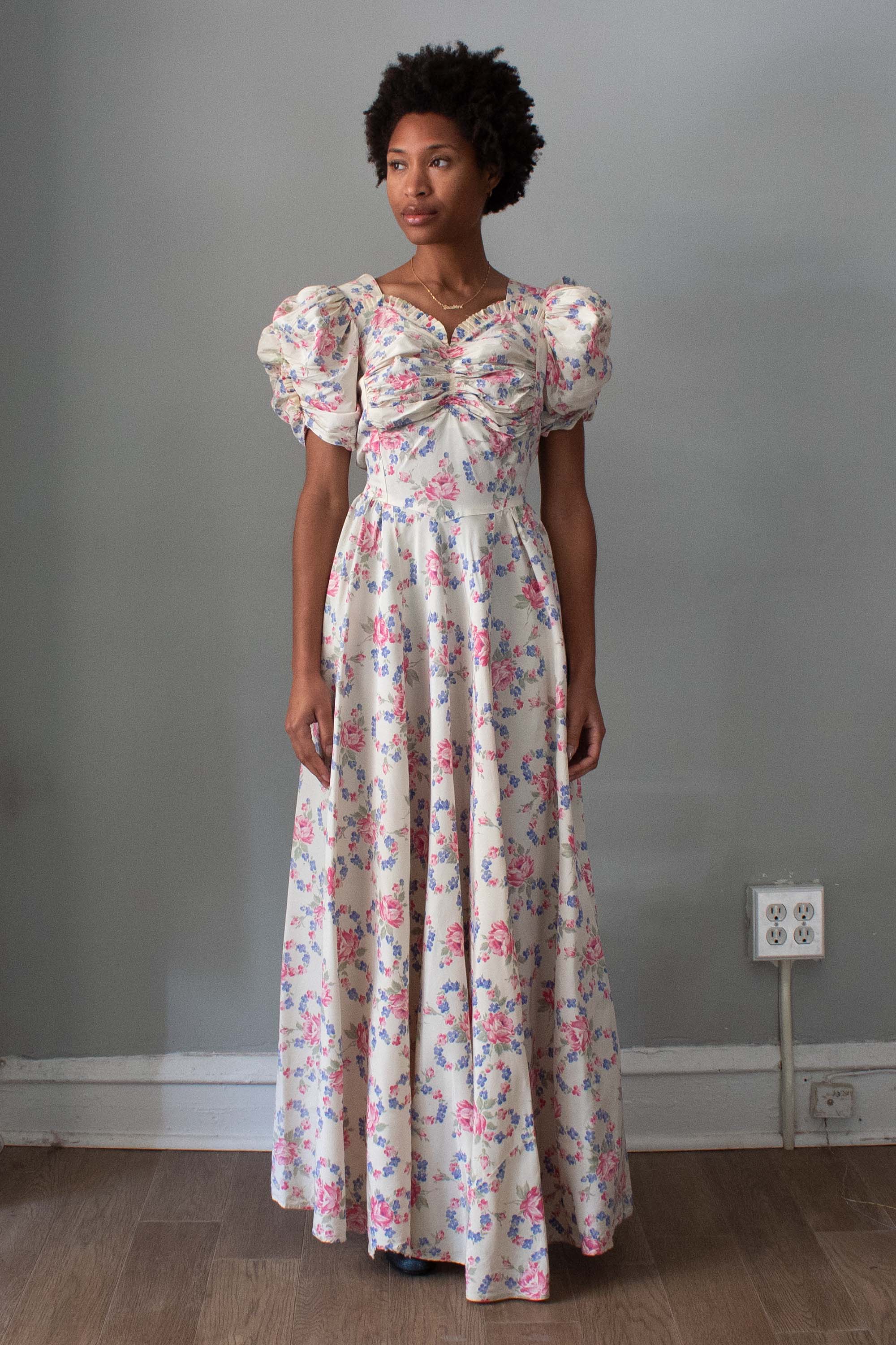 1930s White Printed Taffeta Dress