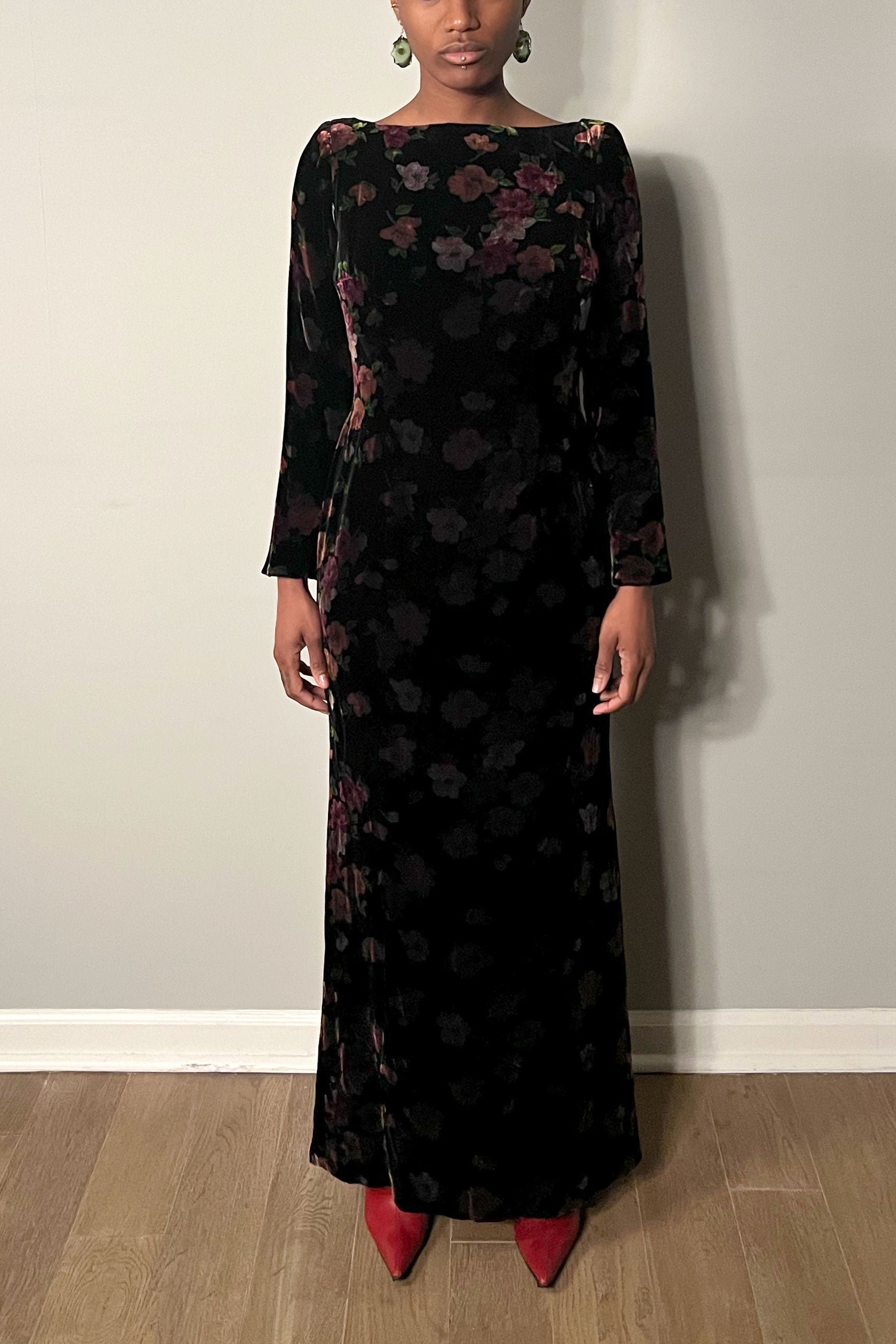 Oscar De La Renta Black Floral Print Velvet Gown