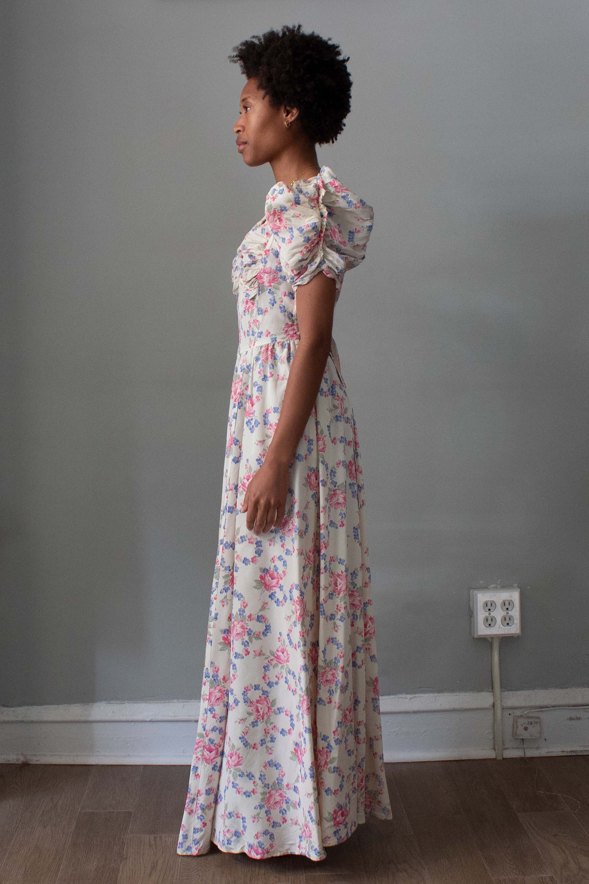 1930s White Printed Taffeta Dress