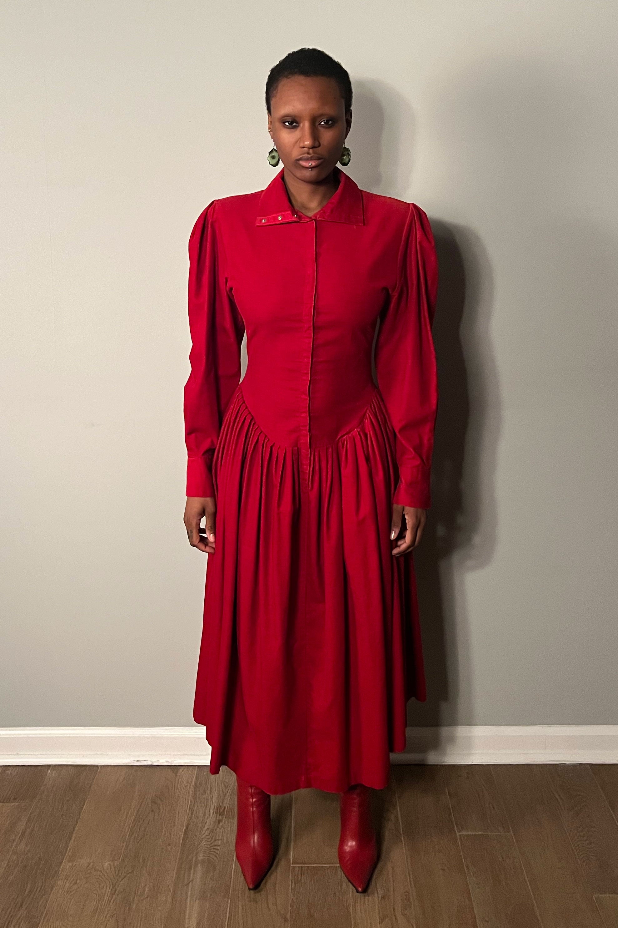 Norma Kamali Red Corduroy Drop Waist Dress Moore Vintage Archive Norma Kamali Red Corduroy Drop Waist Dress Moore Vintage Archive