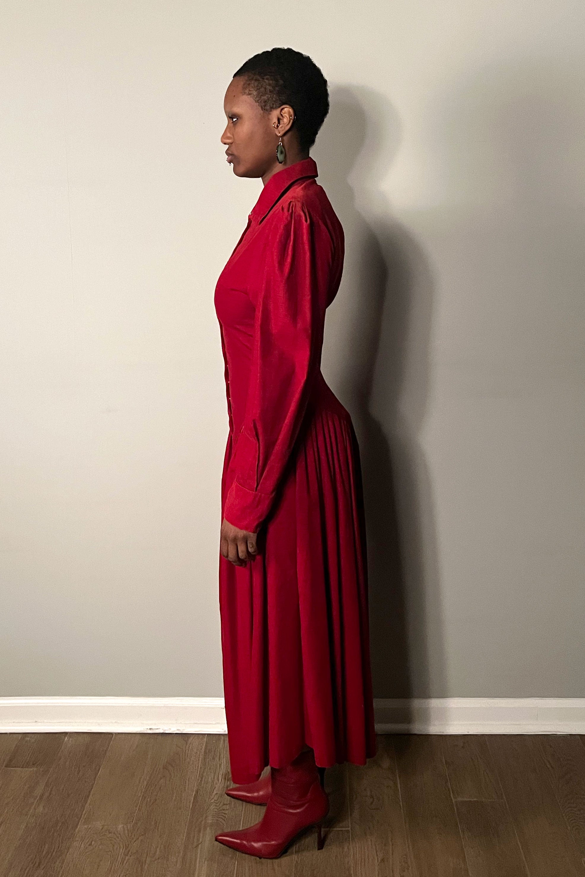 Norma Kamali Red Corduroy Drop Waist Dress – Moore Vintage Archive Norma Kamali Red Corduroy Drop Waist Dress – Moore Vintage Archive