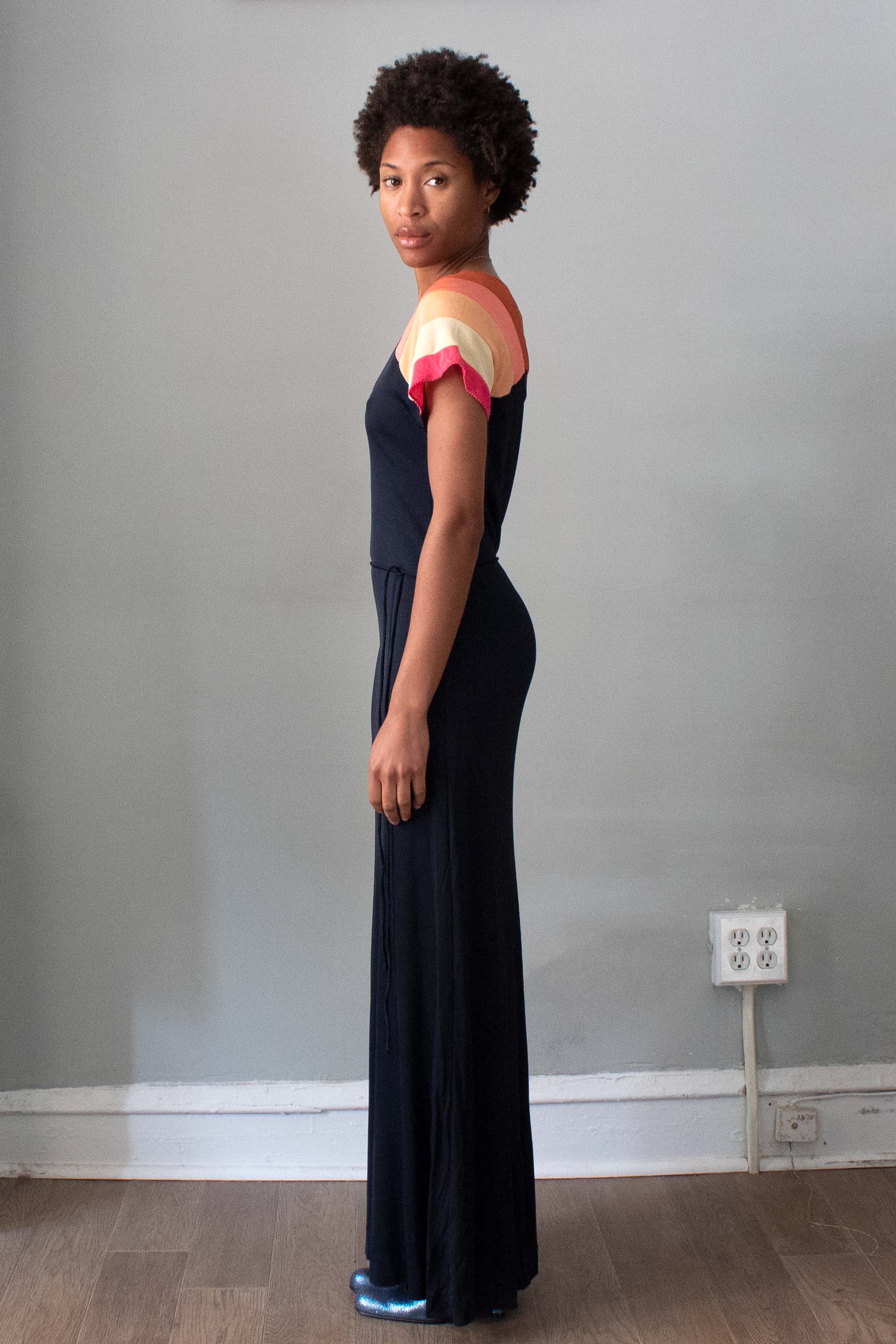 stephen burrows jersey dress Stephen Burrows Black Jersey Dress With Colorful Sleeves Moore Vintage Archive