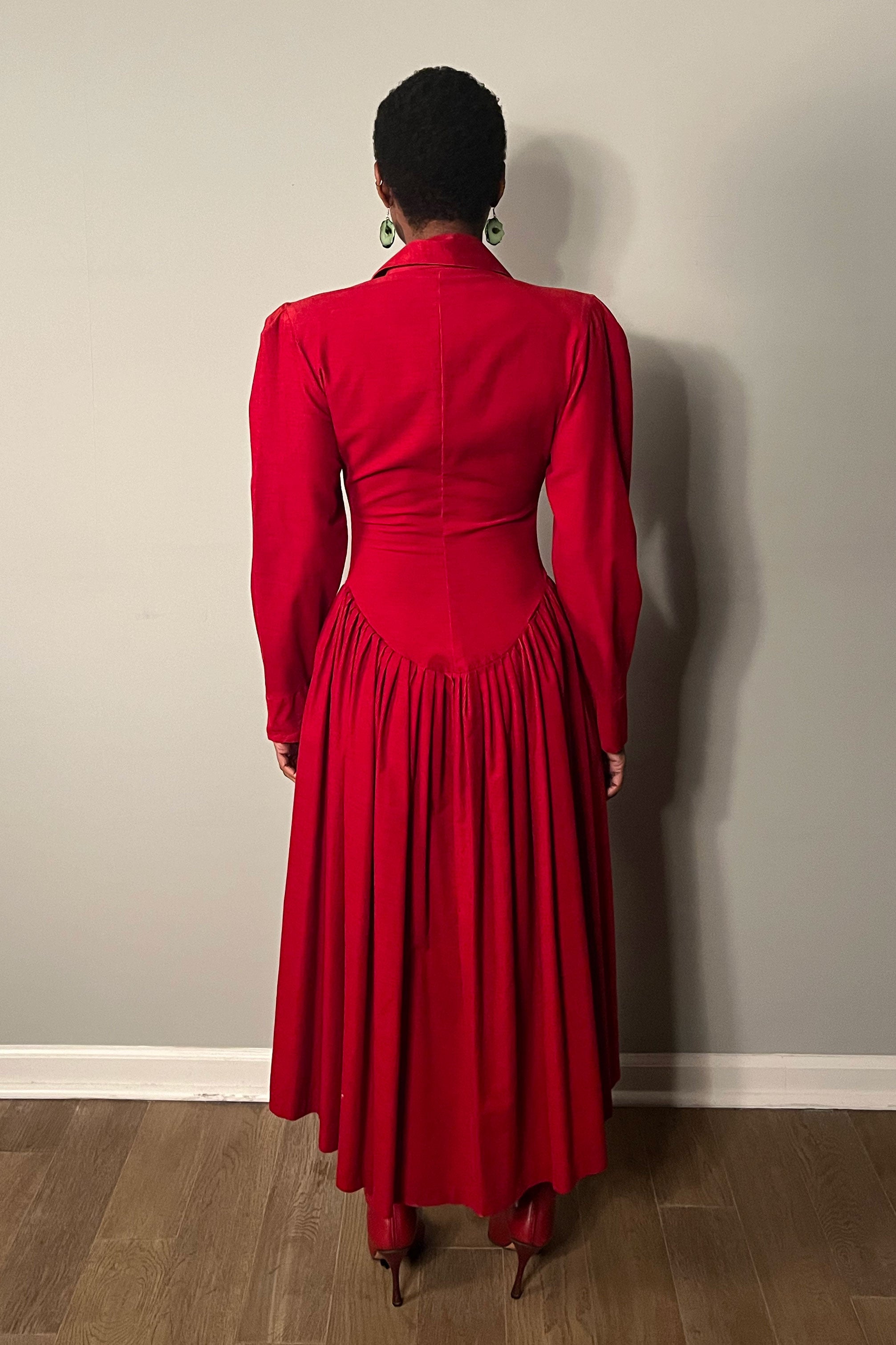 Norma Kamali Red Corduroy Drop Waist Dress