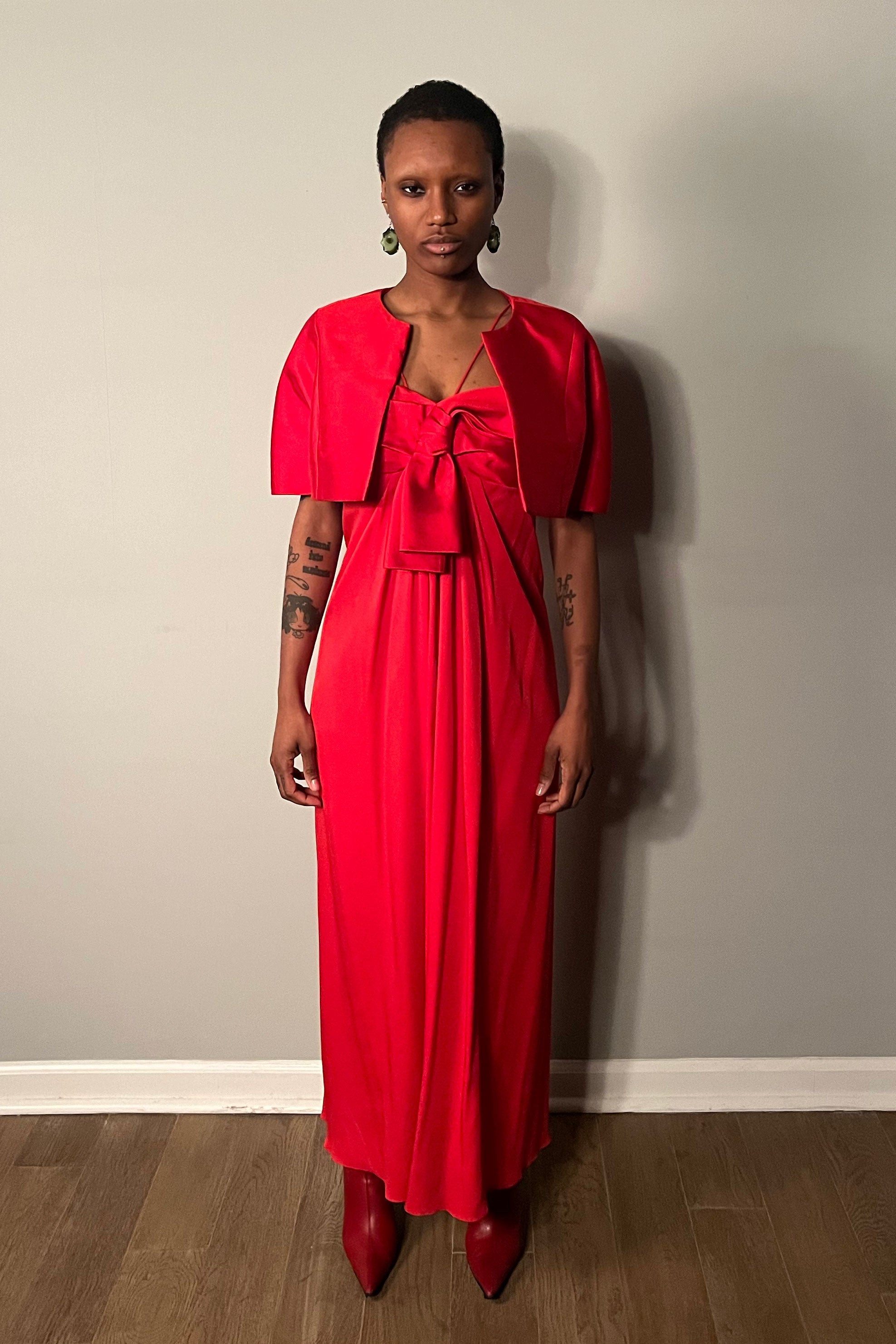 vintage red silk dress Vintage Red Silky Satin Corset Style Dress with Sweetheart Neckline, Puff Sleeves, Oversized Bow Bum, Open Back and Draping Pearls (10P)