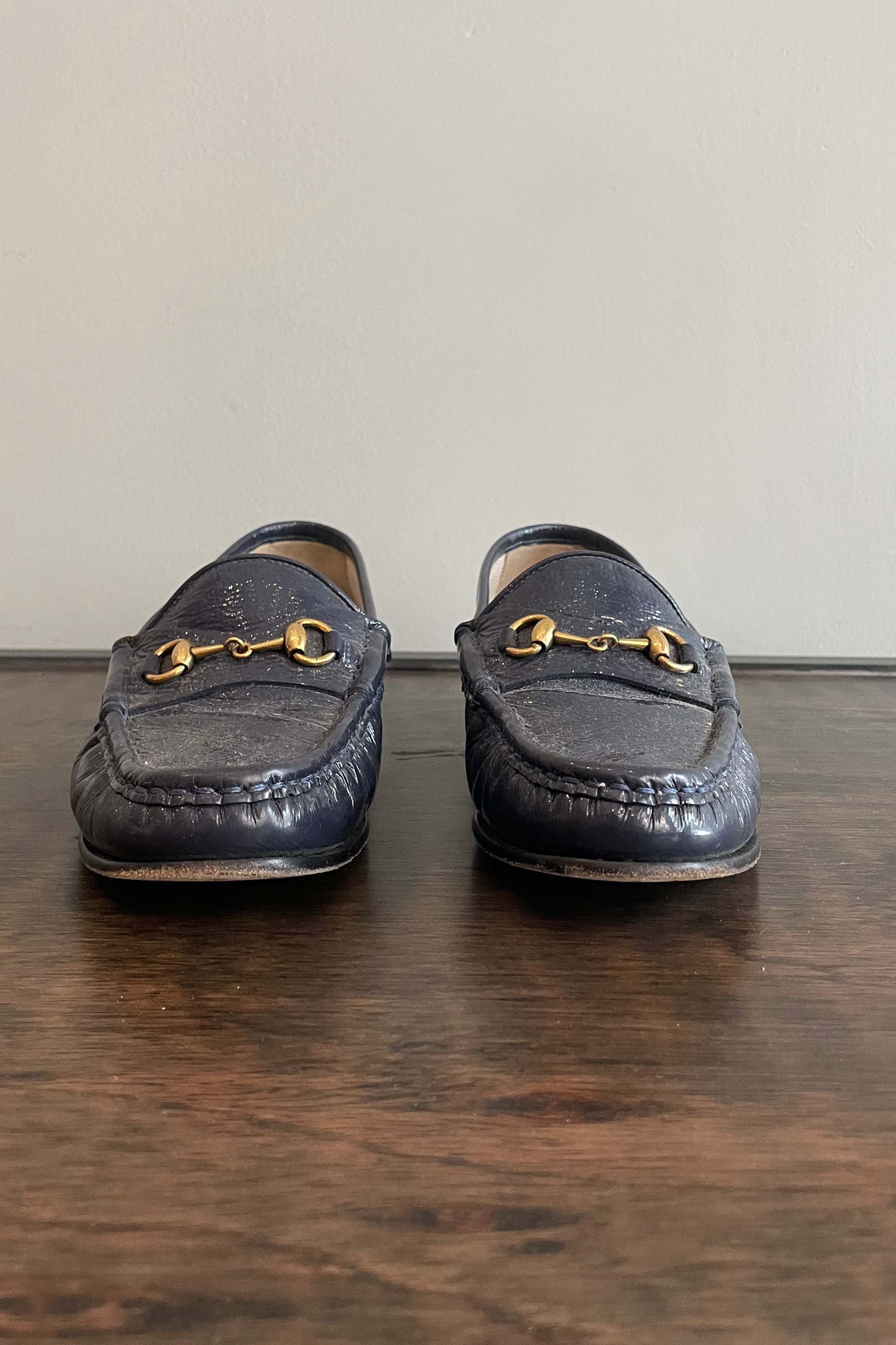 Gucci Navy Blue Patent Leather Loafers