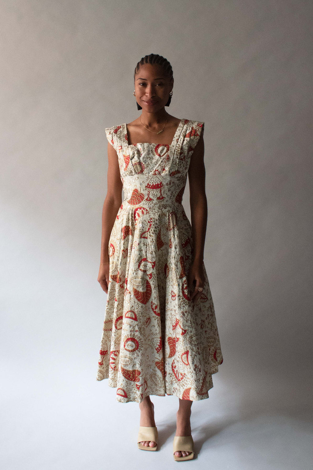 Vintage 1950s Beige Hand Painted Paisley Dress