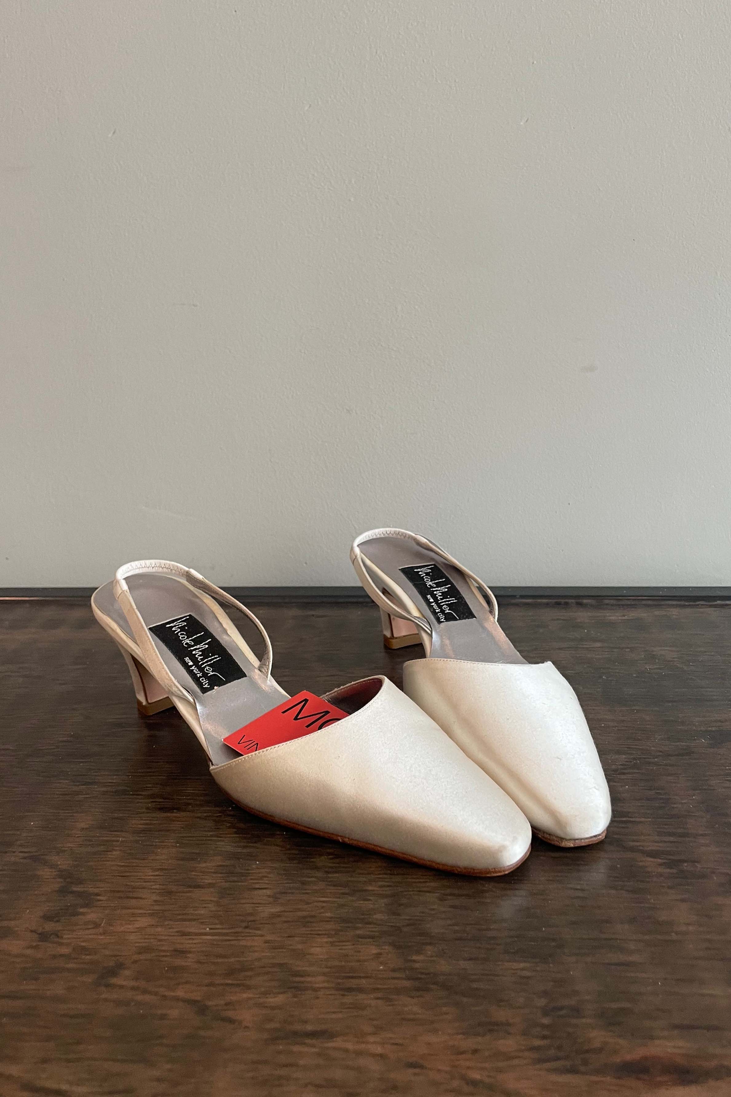 Nicole Miller White Satin Sling Backs