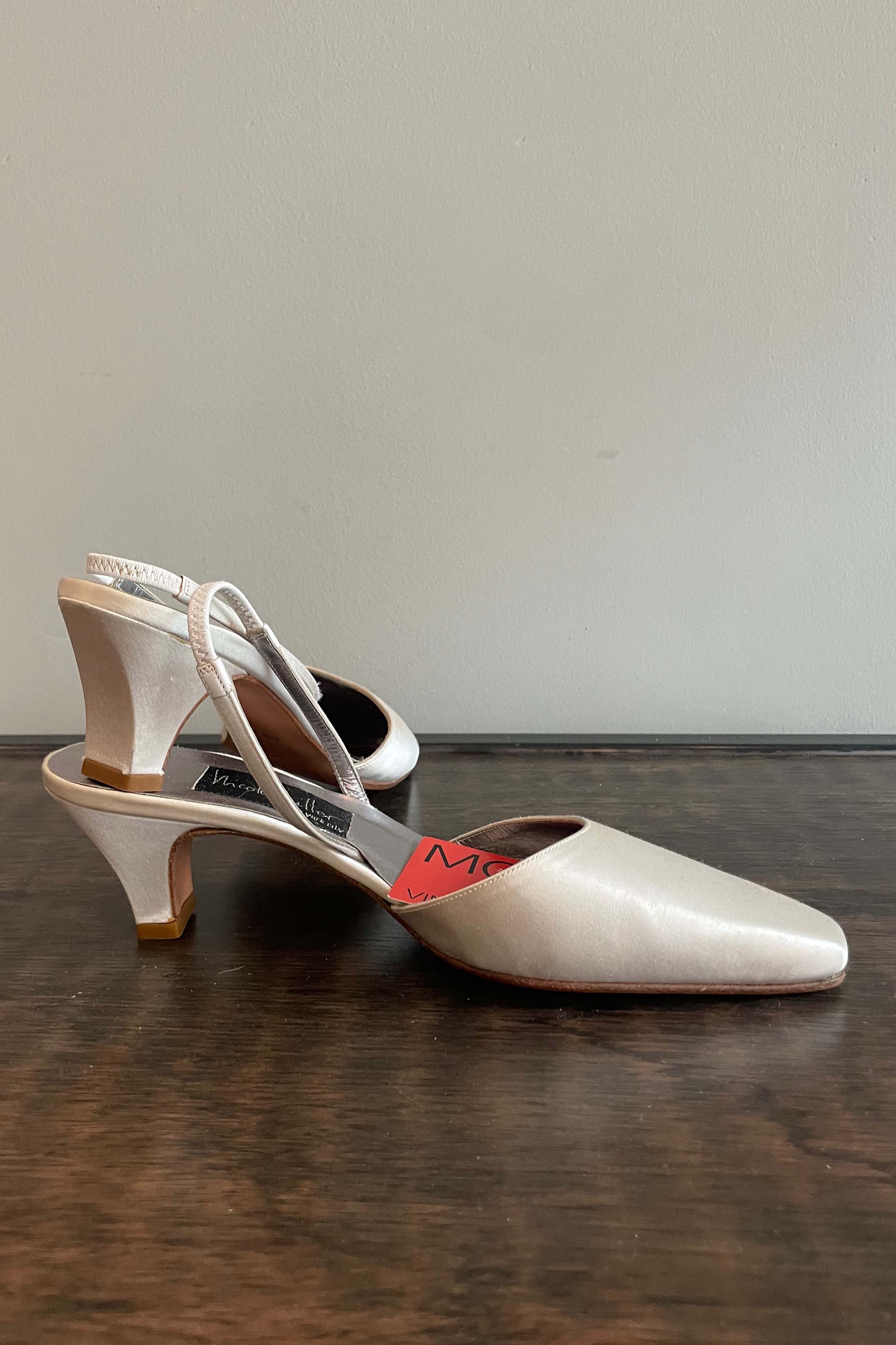 Nicole Miller White Satin Sling Backs