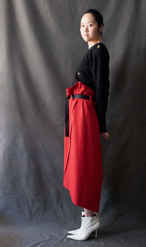 Issey Miyake Red Wool Blend Paper Bag Waist Skirt