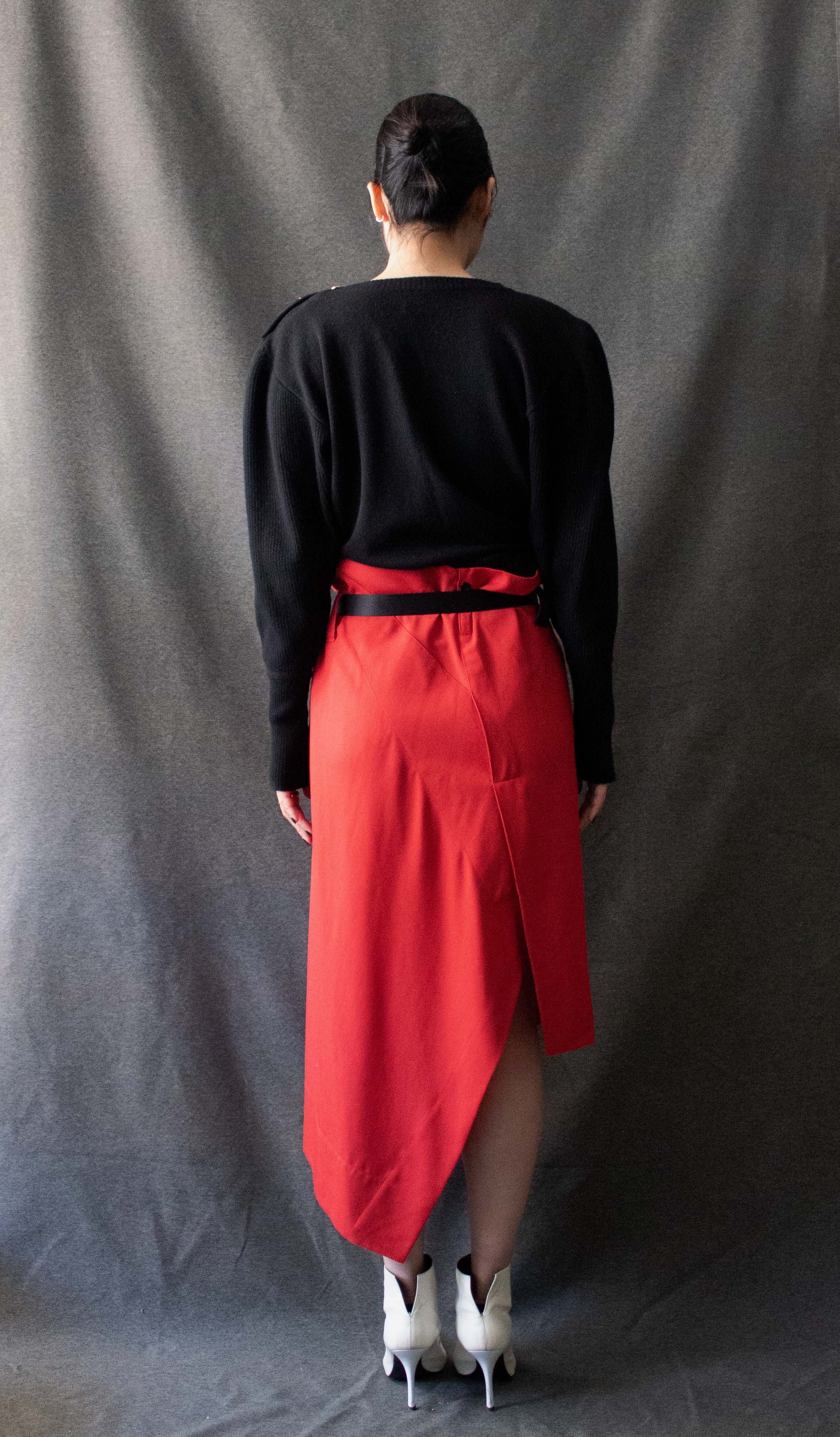 Issey Miyake Red Wool Blend Paper Bag Waist Skirt