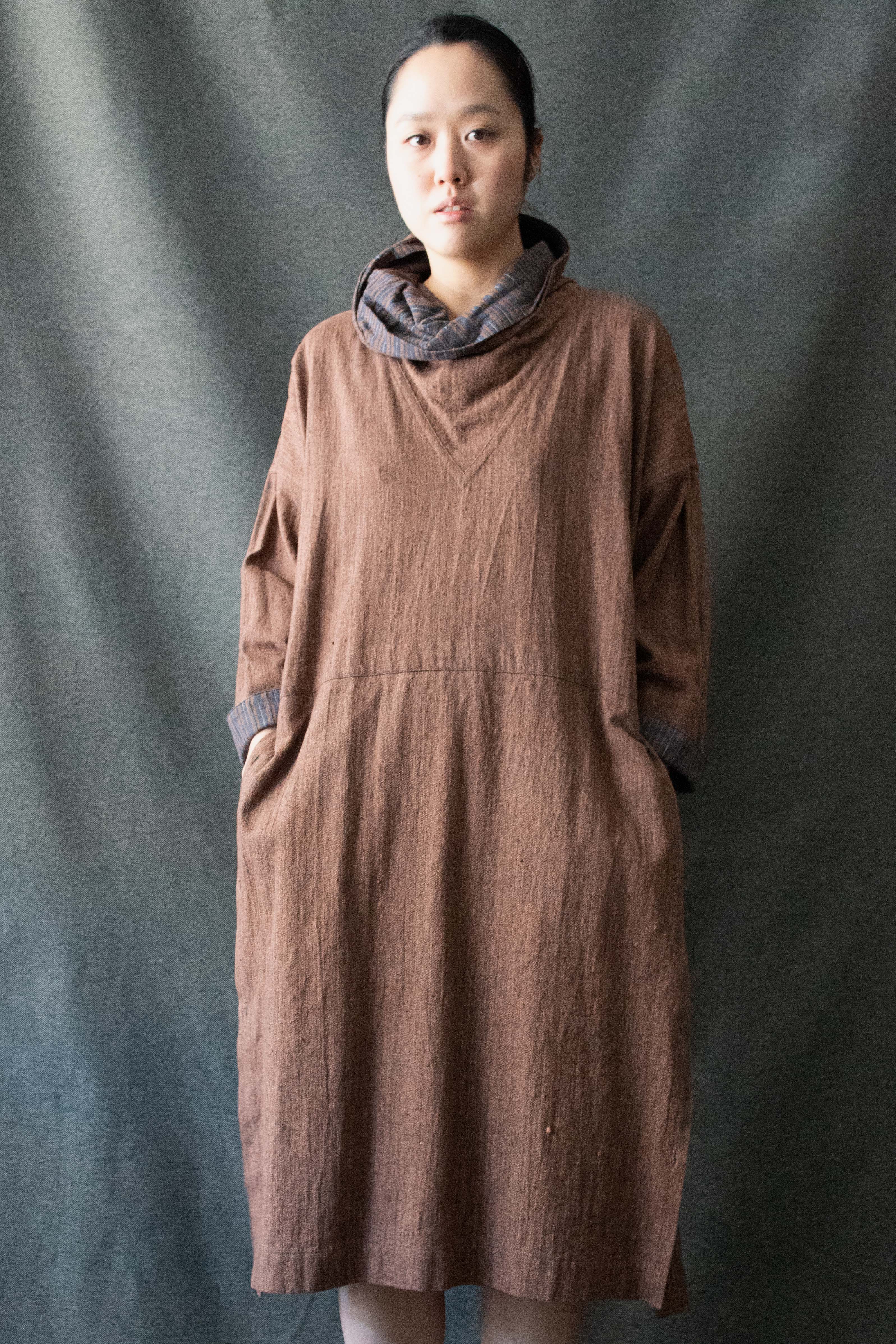 Issey Miyake Plantation Brown Cotton High-Neck Dress