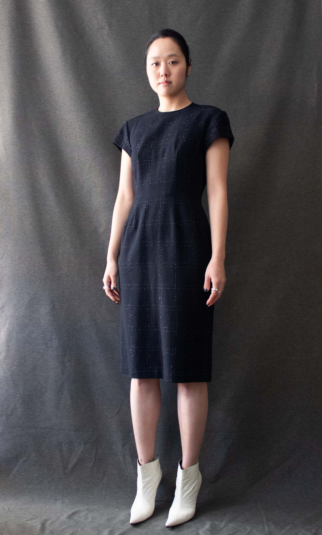 Comme Des Garcons Navy Metallic Check Wool Dress