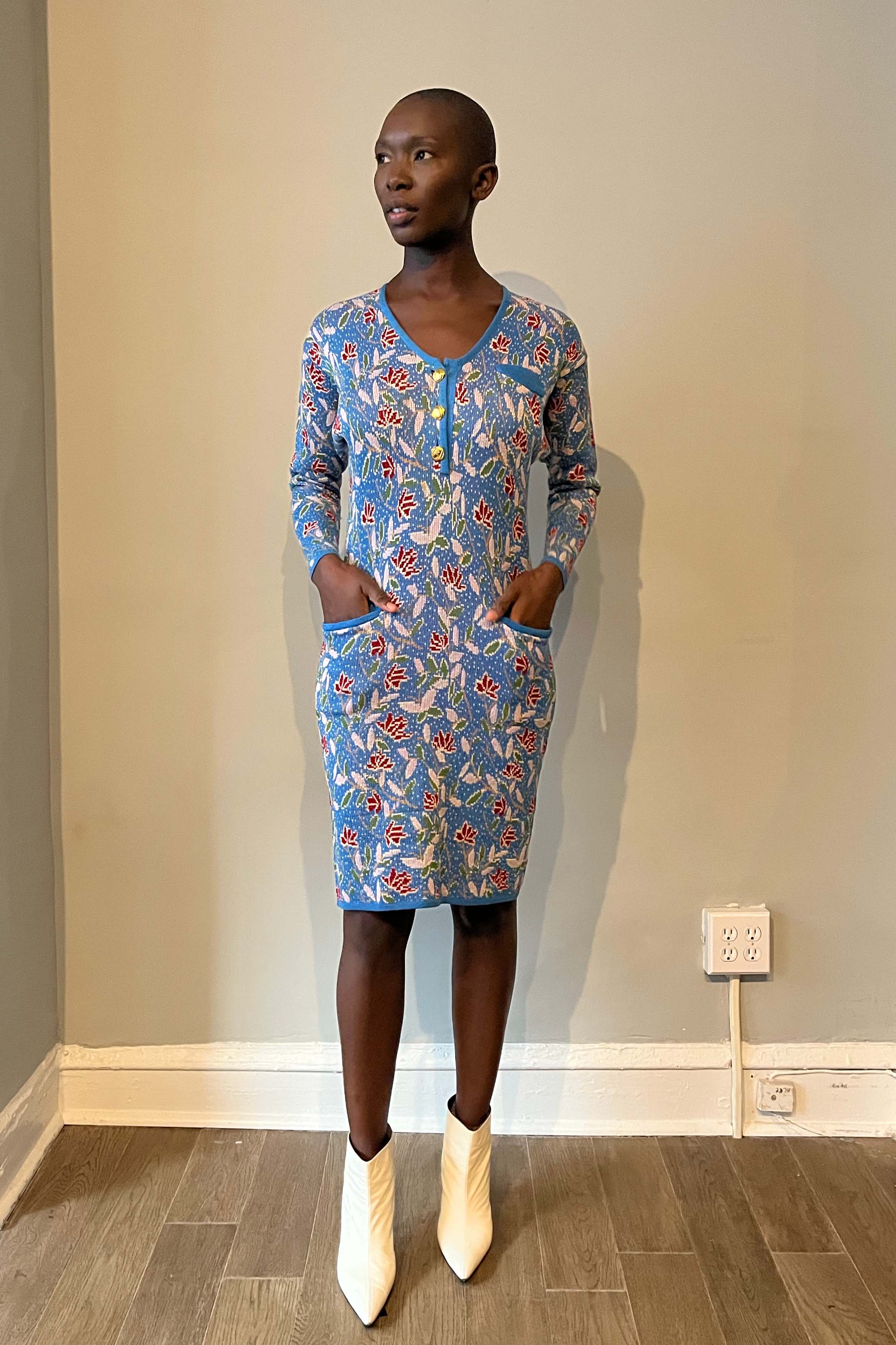 floral print knit dress A-Line Floral Jacquard Soft Knit Midi Dress