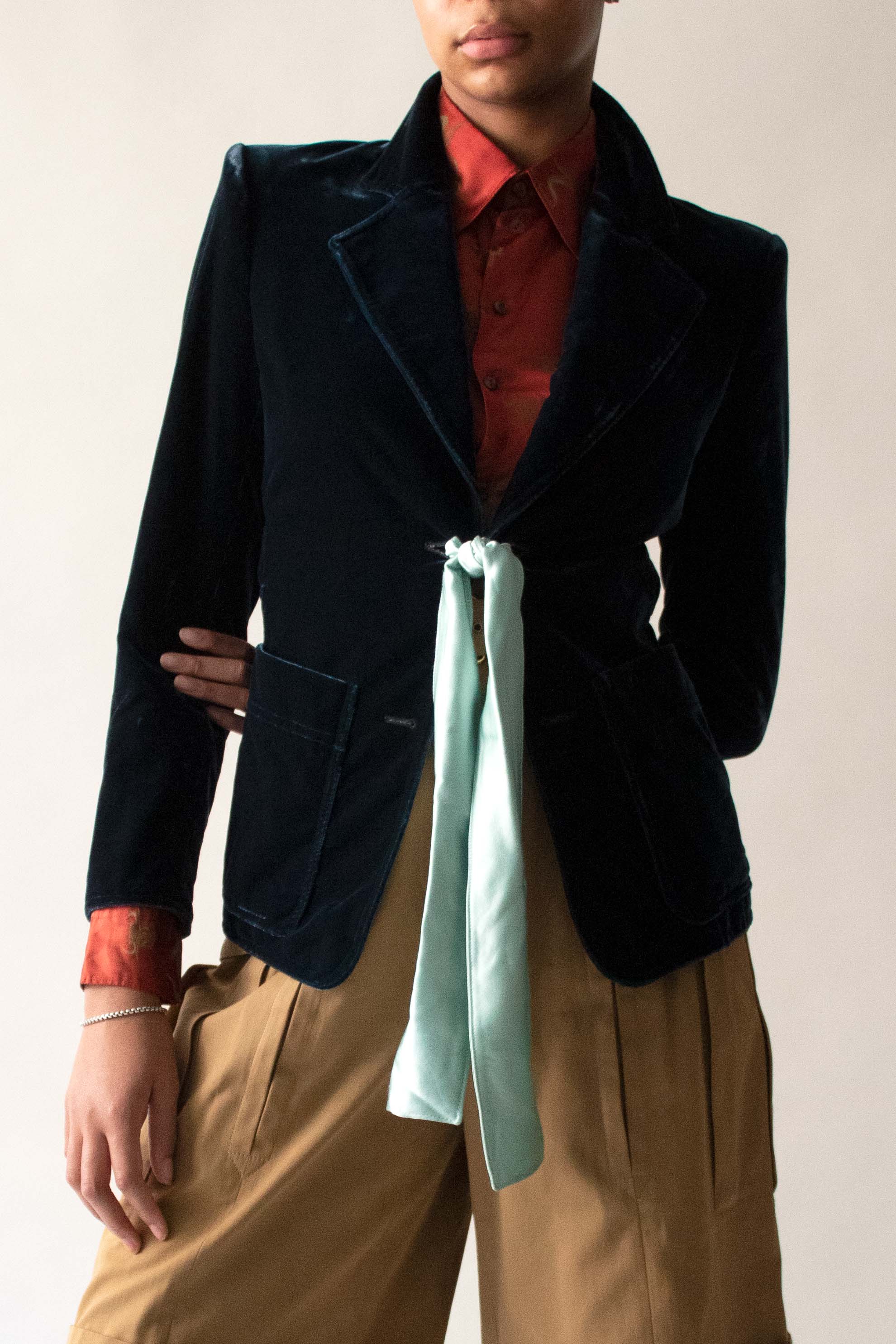 Yves Saint Laurent 2003 Teal Silk Velvet Blazer