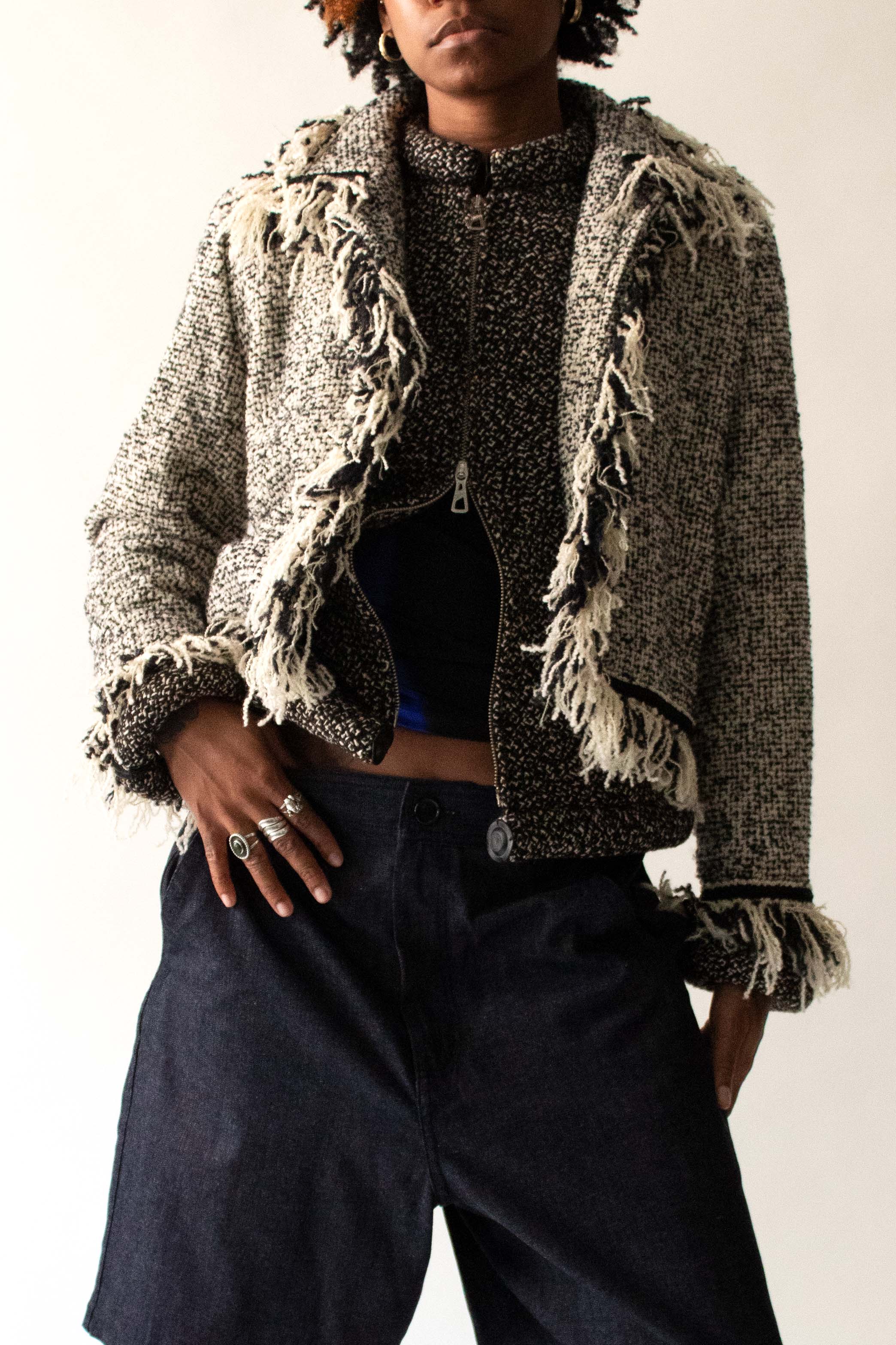 Yves Saint Laurent Black and White Boucle Wool Blend Jacket