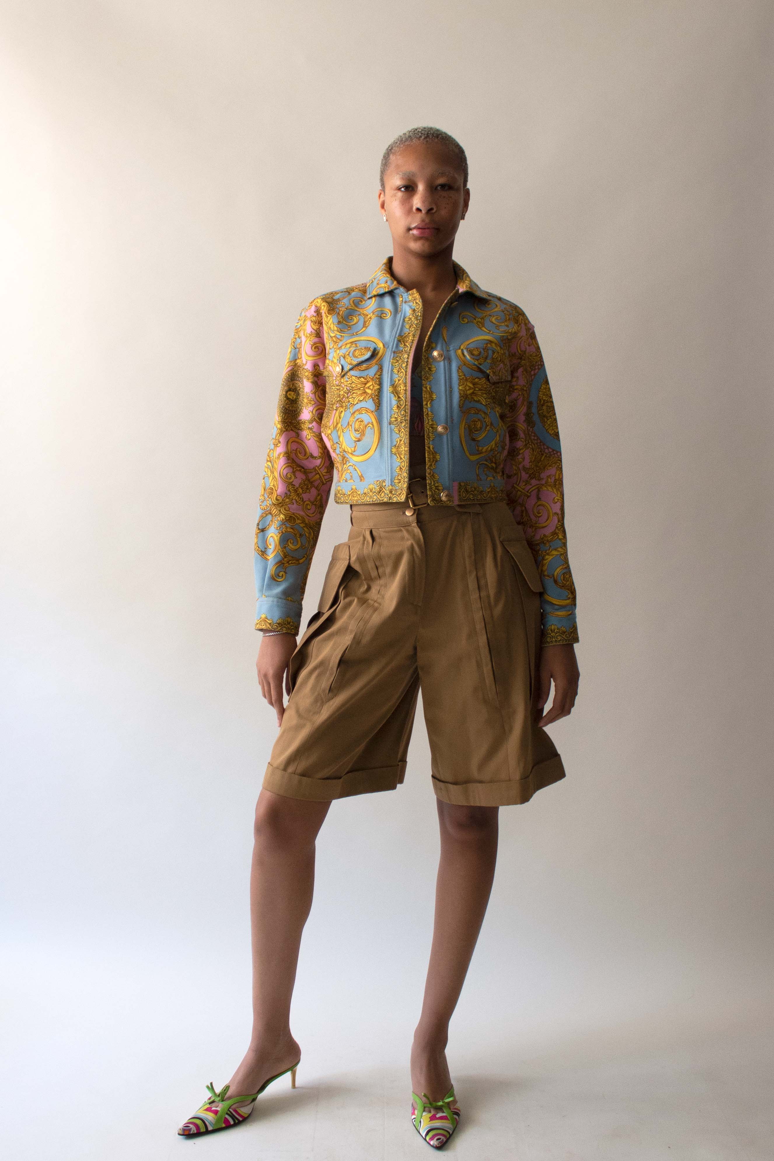 Versace 1992 Blue and Pink Cotton Printed Brocade Jacket