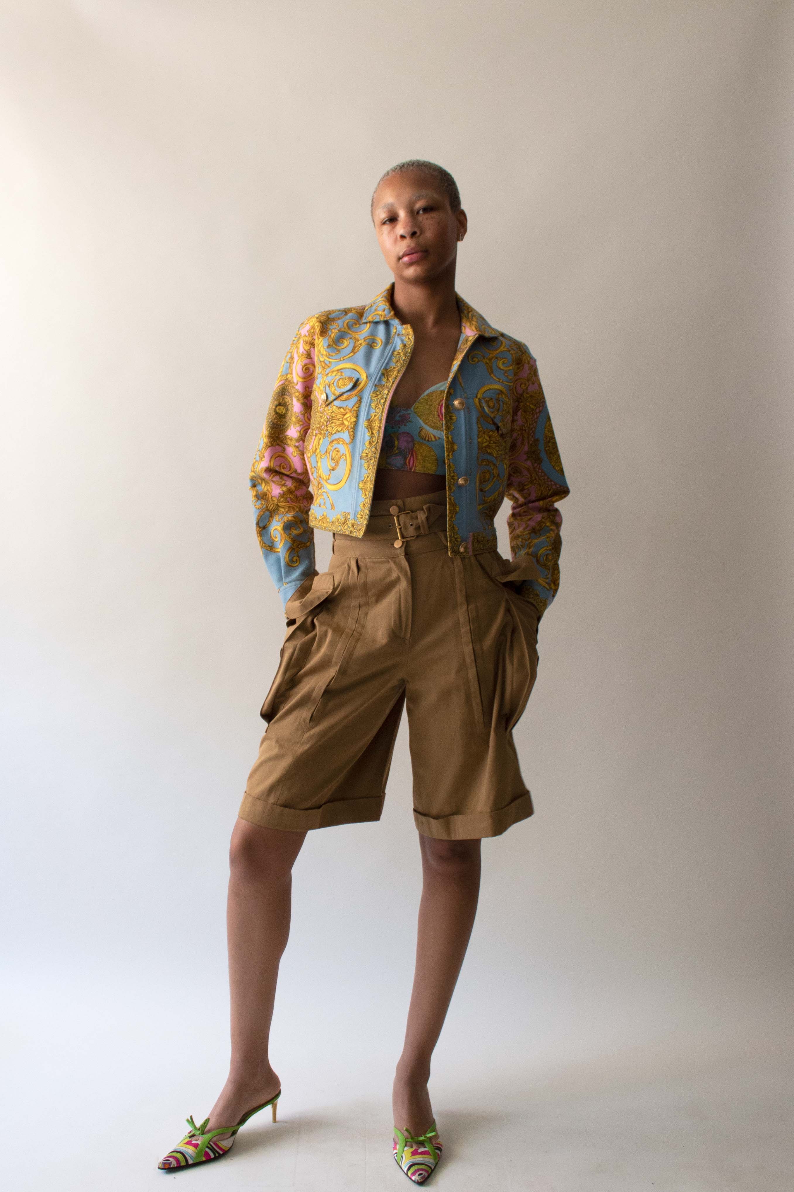 Versace 1992 Blue and Pink Cotton Printed Brocade Jacket