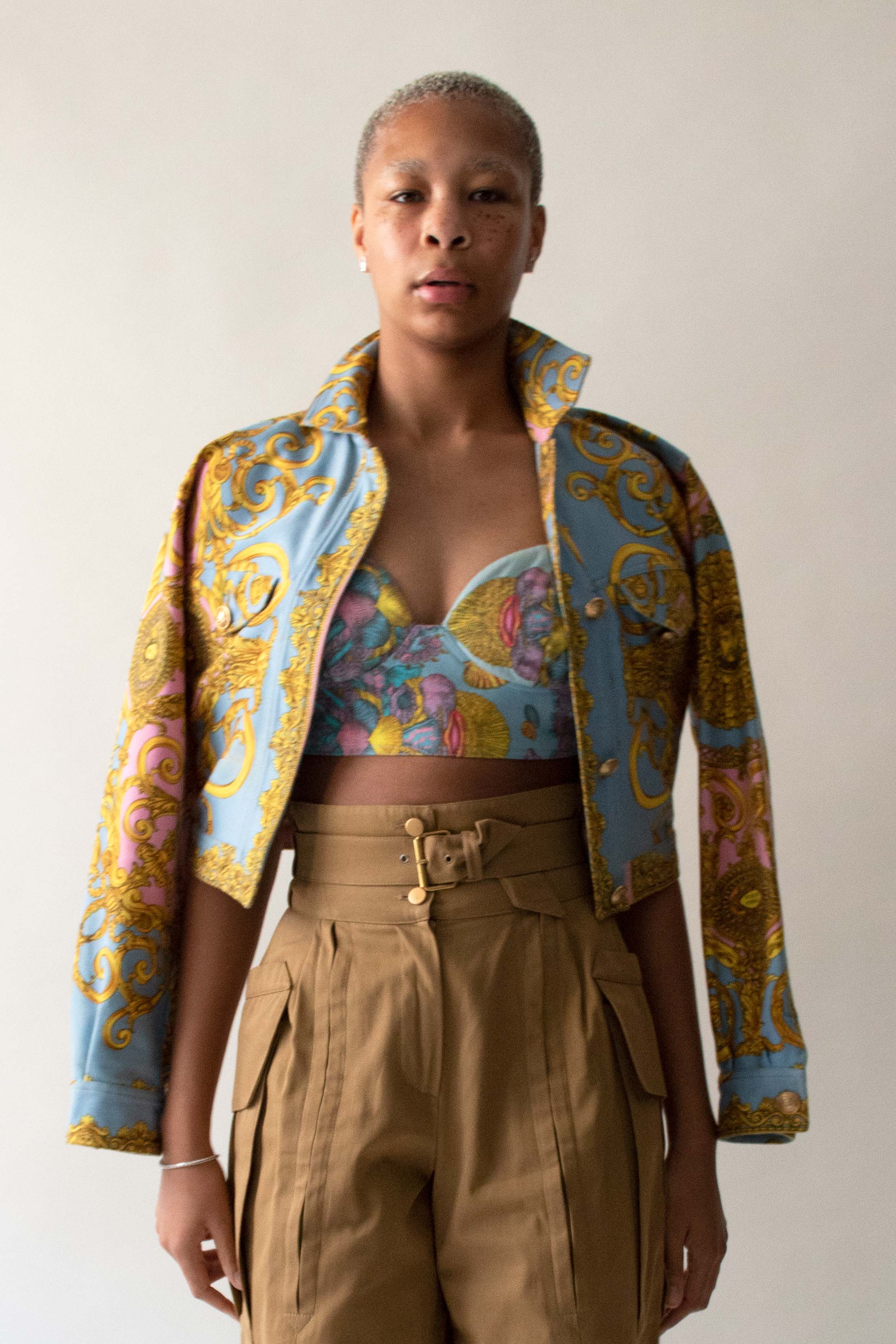 Versace 1992 Blue and Pink Cotton Printed Brocade Bra