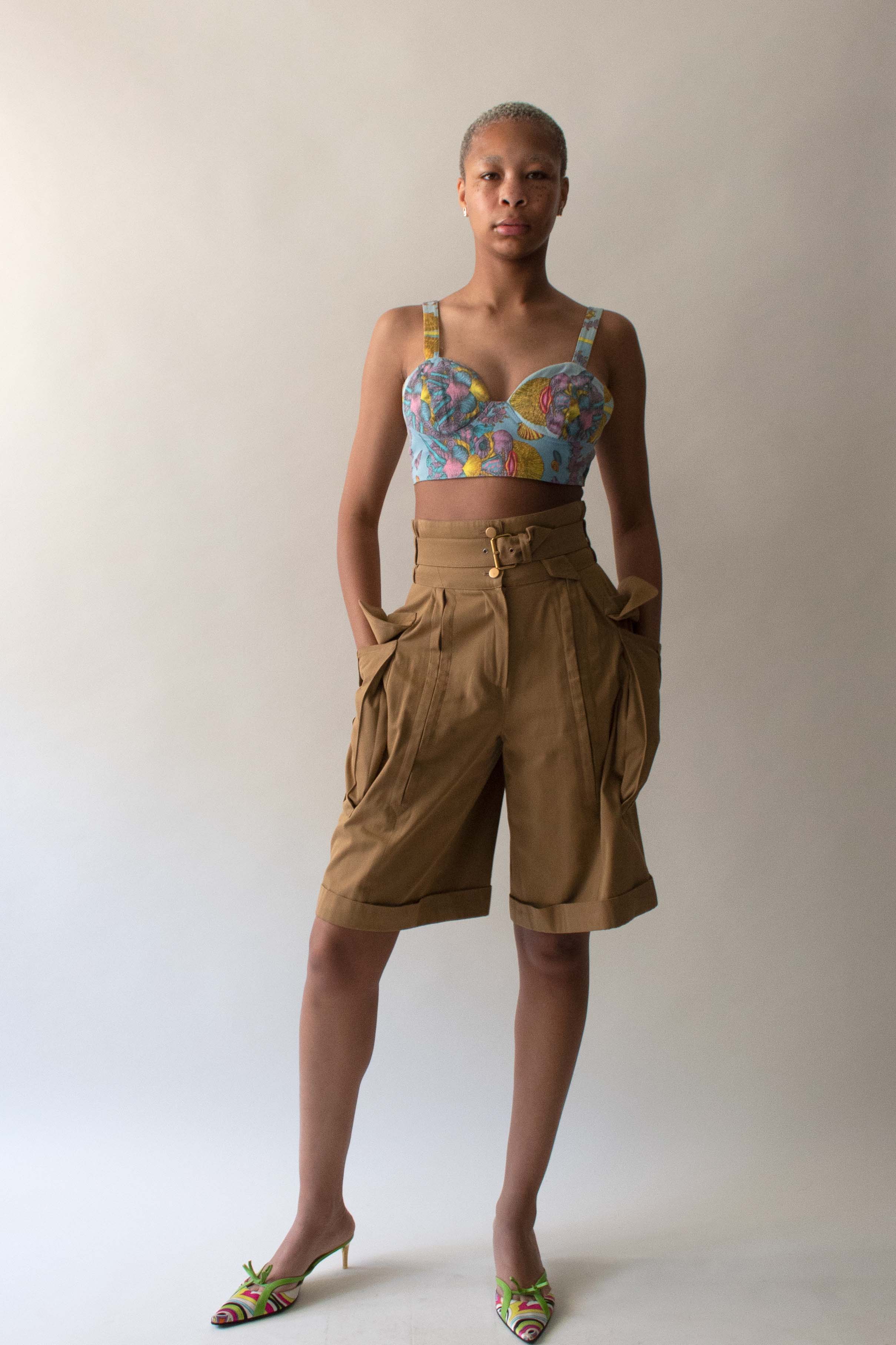 Versace 1992 Blue and Pink Cotton Printed Brocade Bra