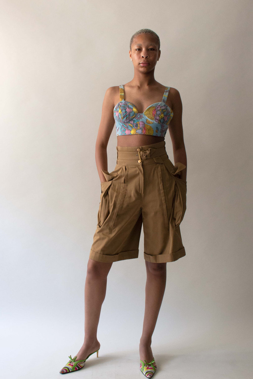 Versace 1992 Blue and Pink Cotton Printed Brocade Bra