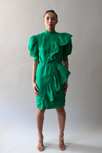 Givenchy Green Puffy Shoulder and Ruffle Dress