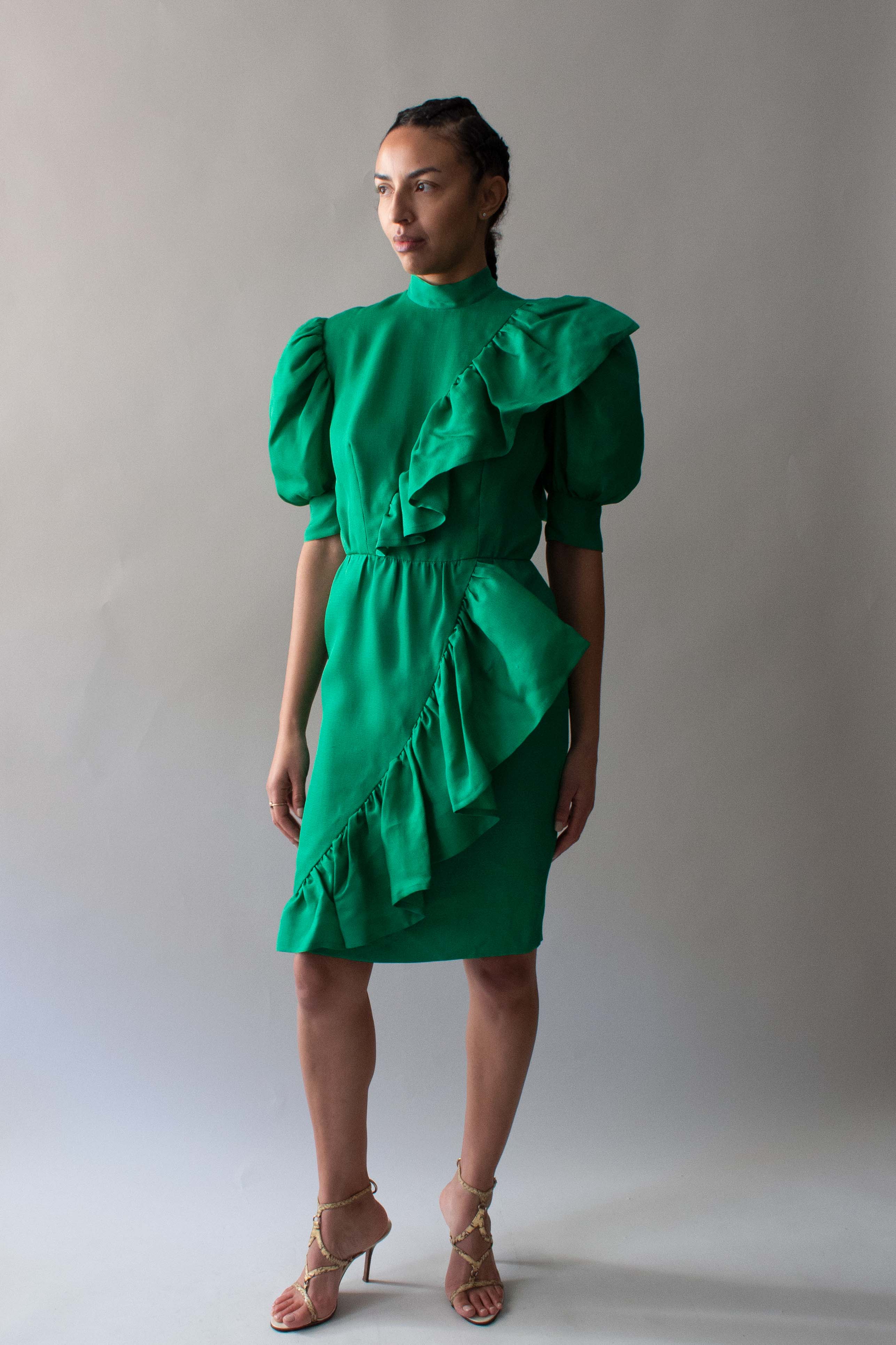Givenchy Green Puffy Shoulder and Ruffle Dress