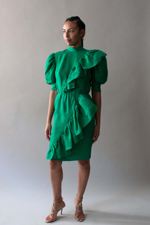 Givenchy Green Puffy Shoulder and Ruffle Dress