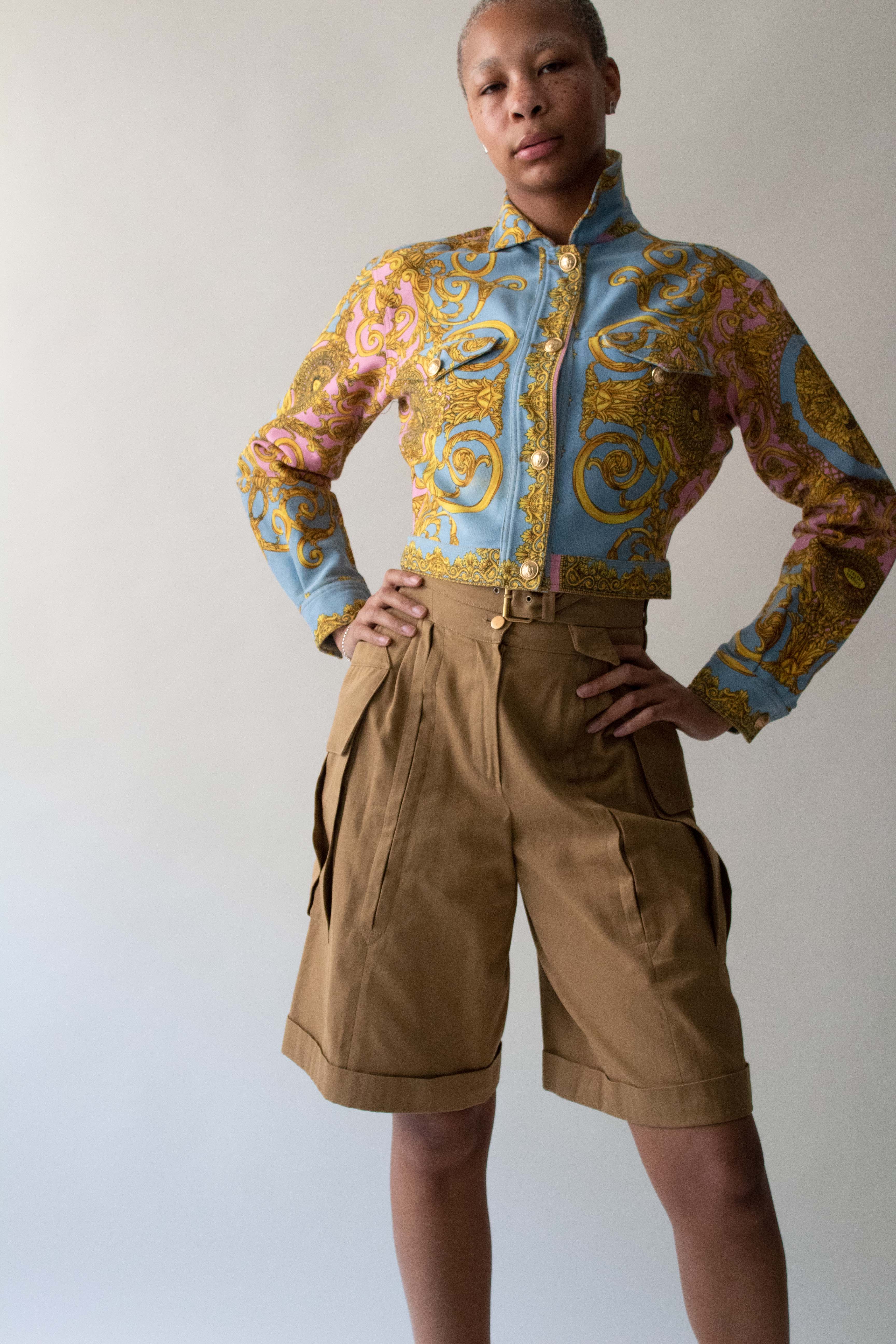 Versace 1992 Blue and Pink Cotton Printed Brocade Jacket