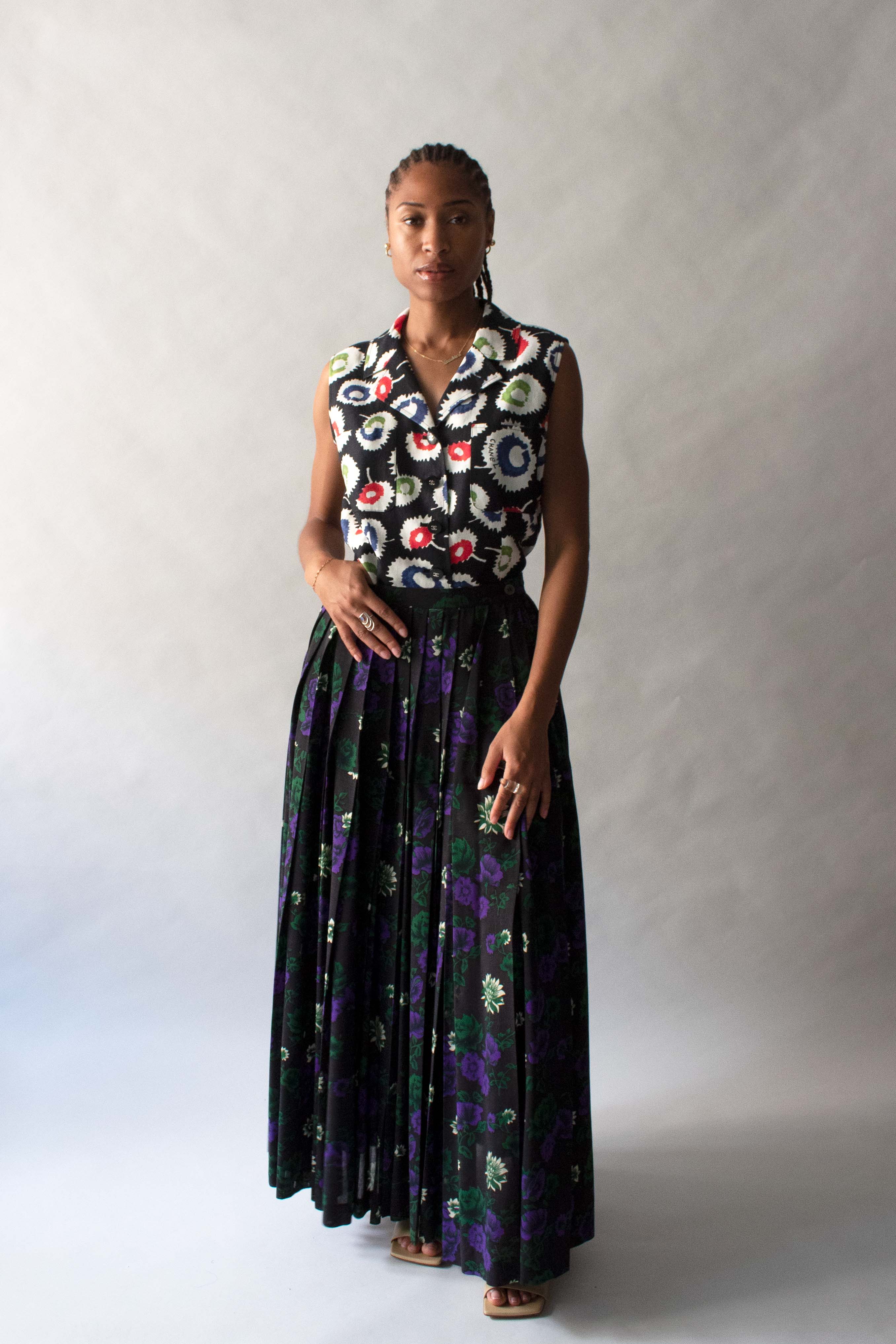 Issey Miyake Black Floral Print Wool Skirt