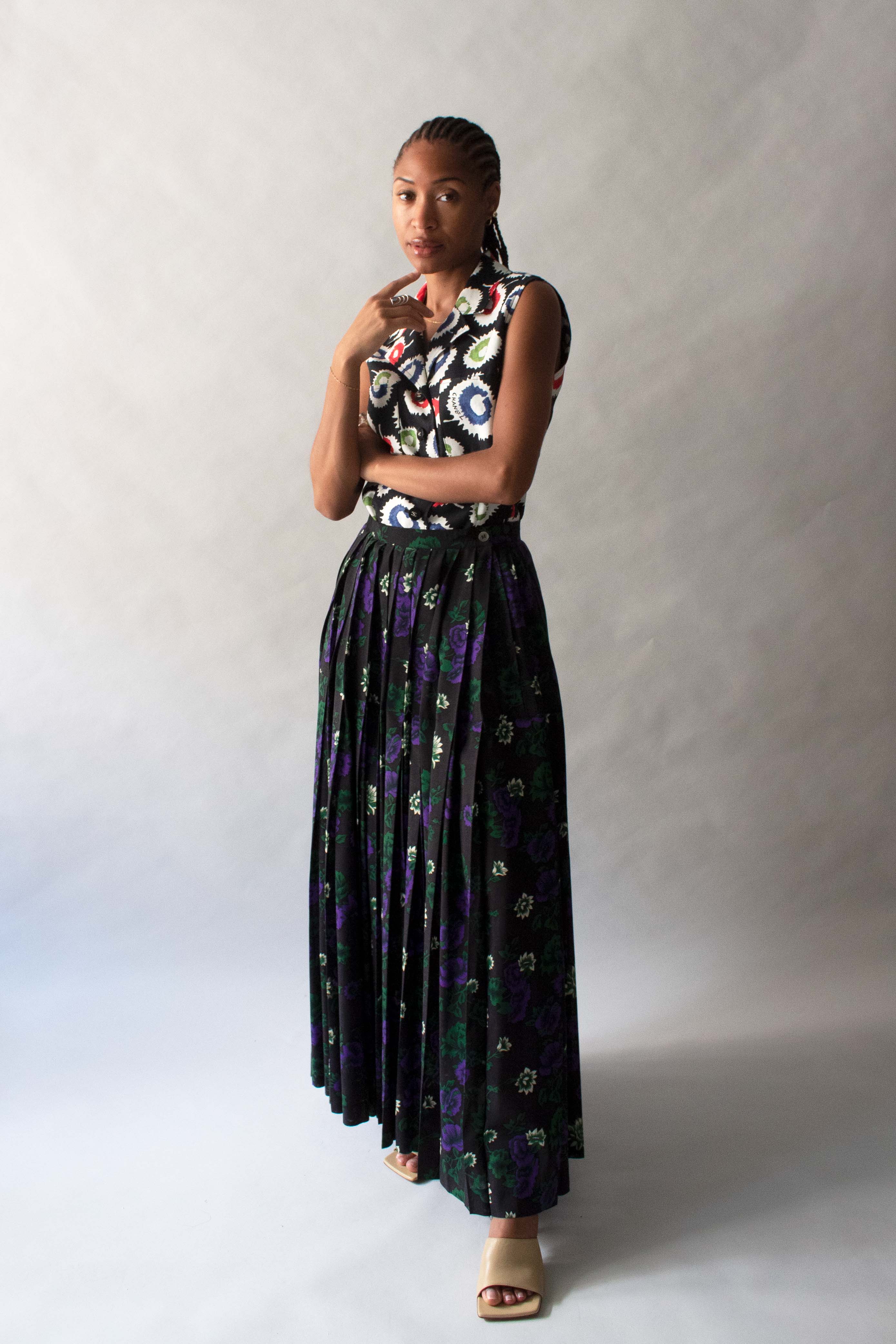 Issey Miyake Black Floral Print Wool Skirt