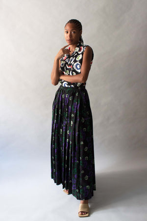 Issey Miyake Black Floral Print Wool Skirt