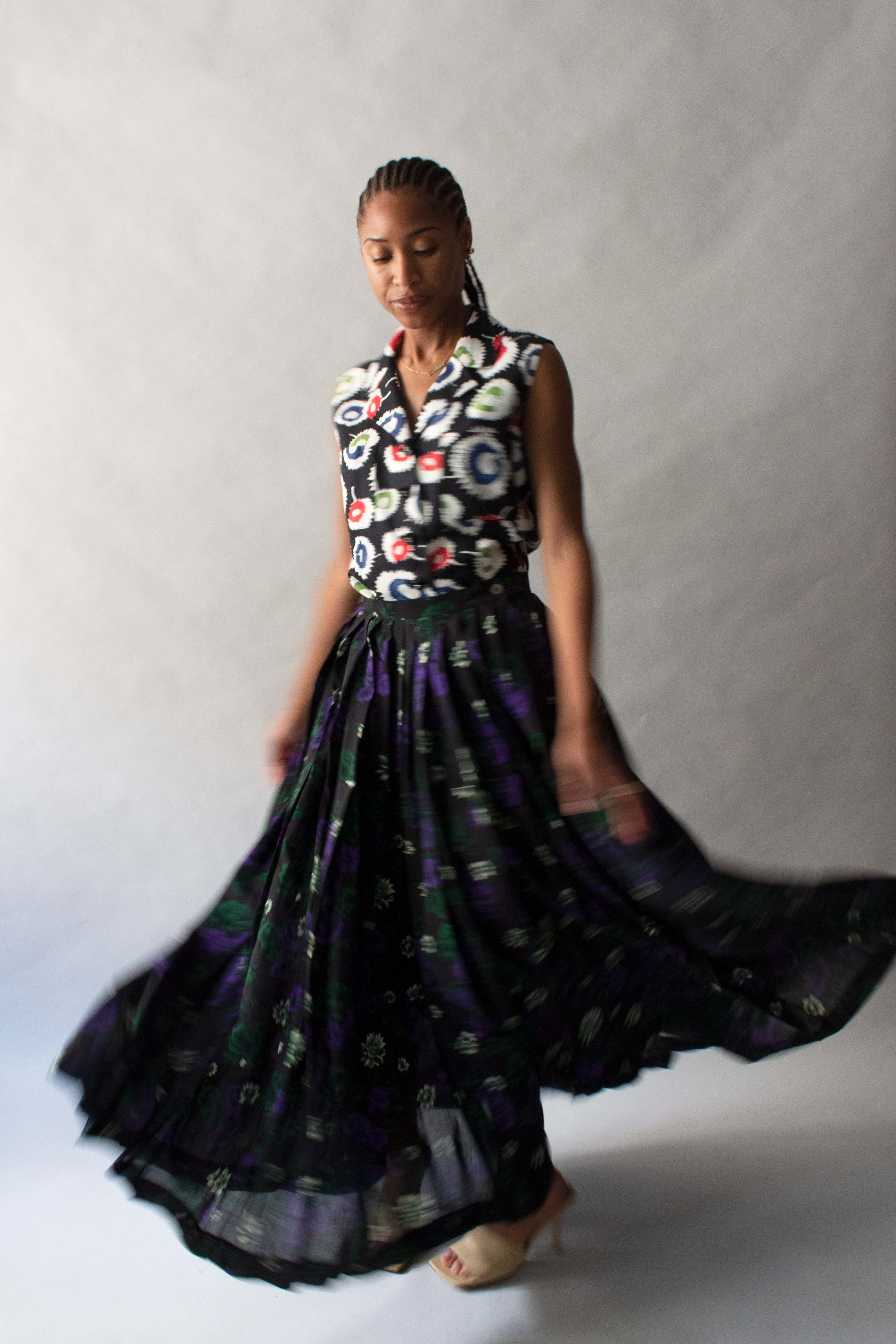 Issey Miyake Black Floral Print Wool Skirt
