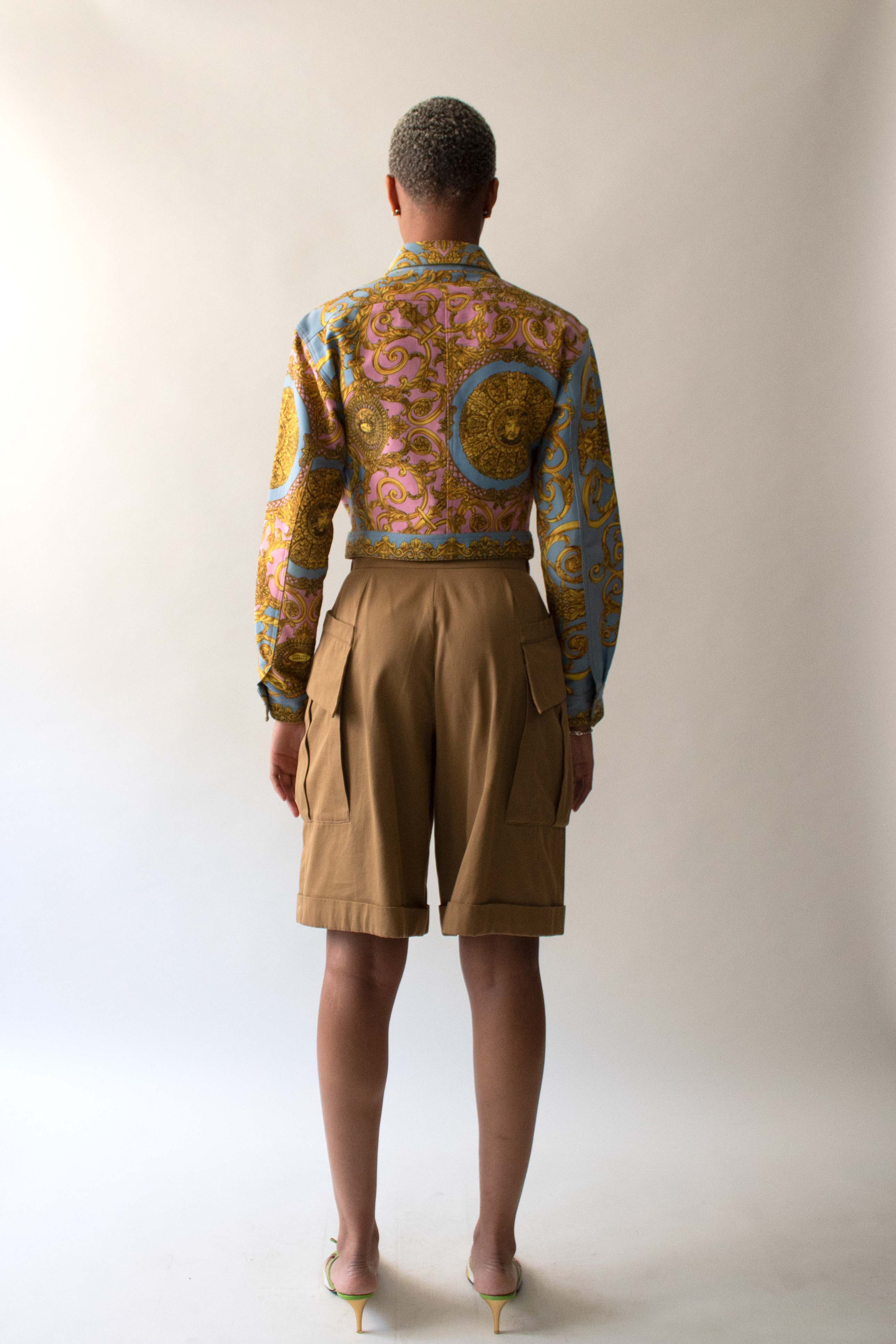 Versace 1992 Blue and Pink Cotton Printed Brocade Jacket