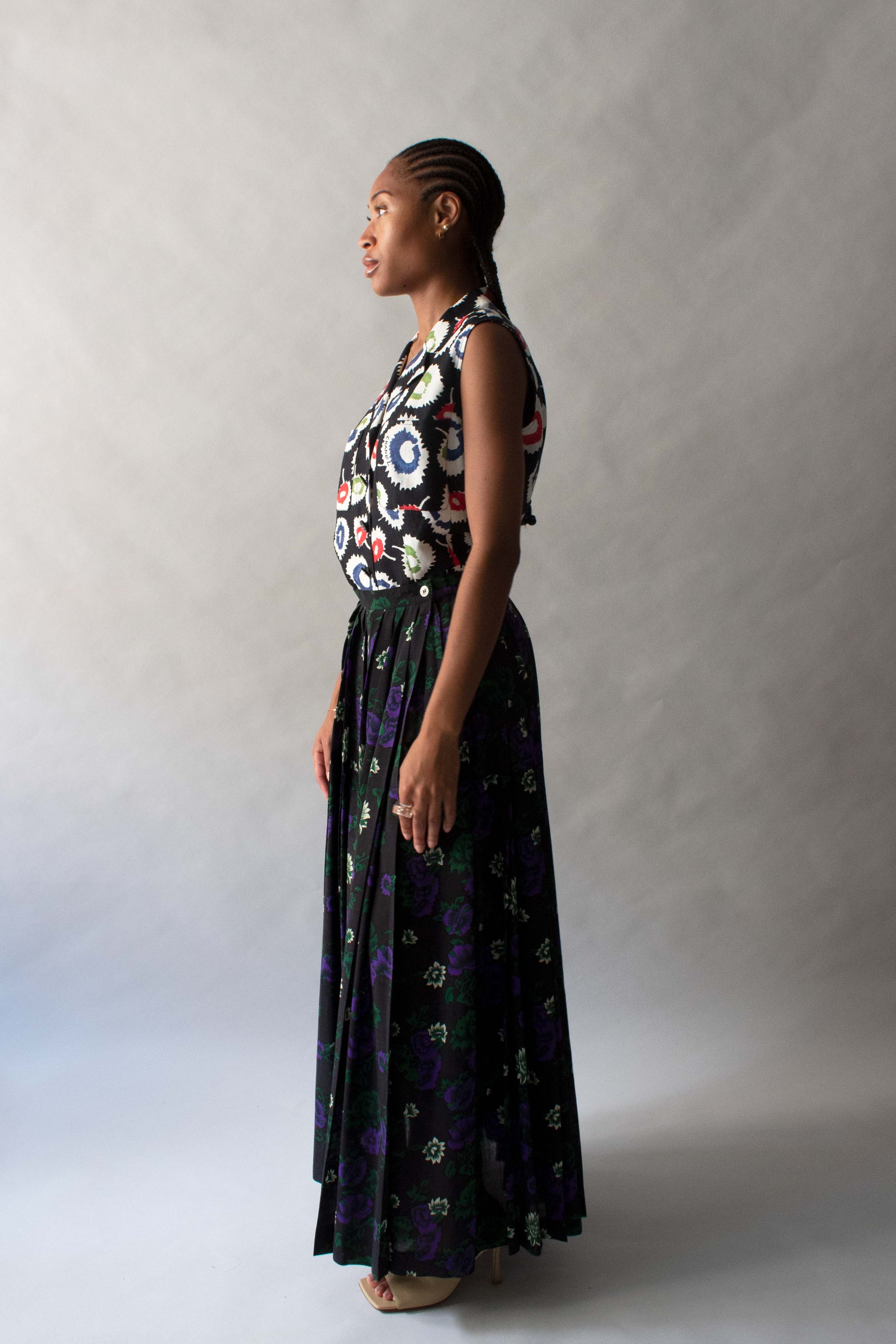 Issey Miyake Black Floral Print Wool Skirt