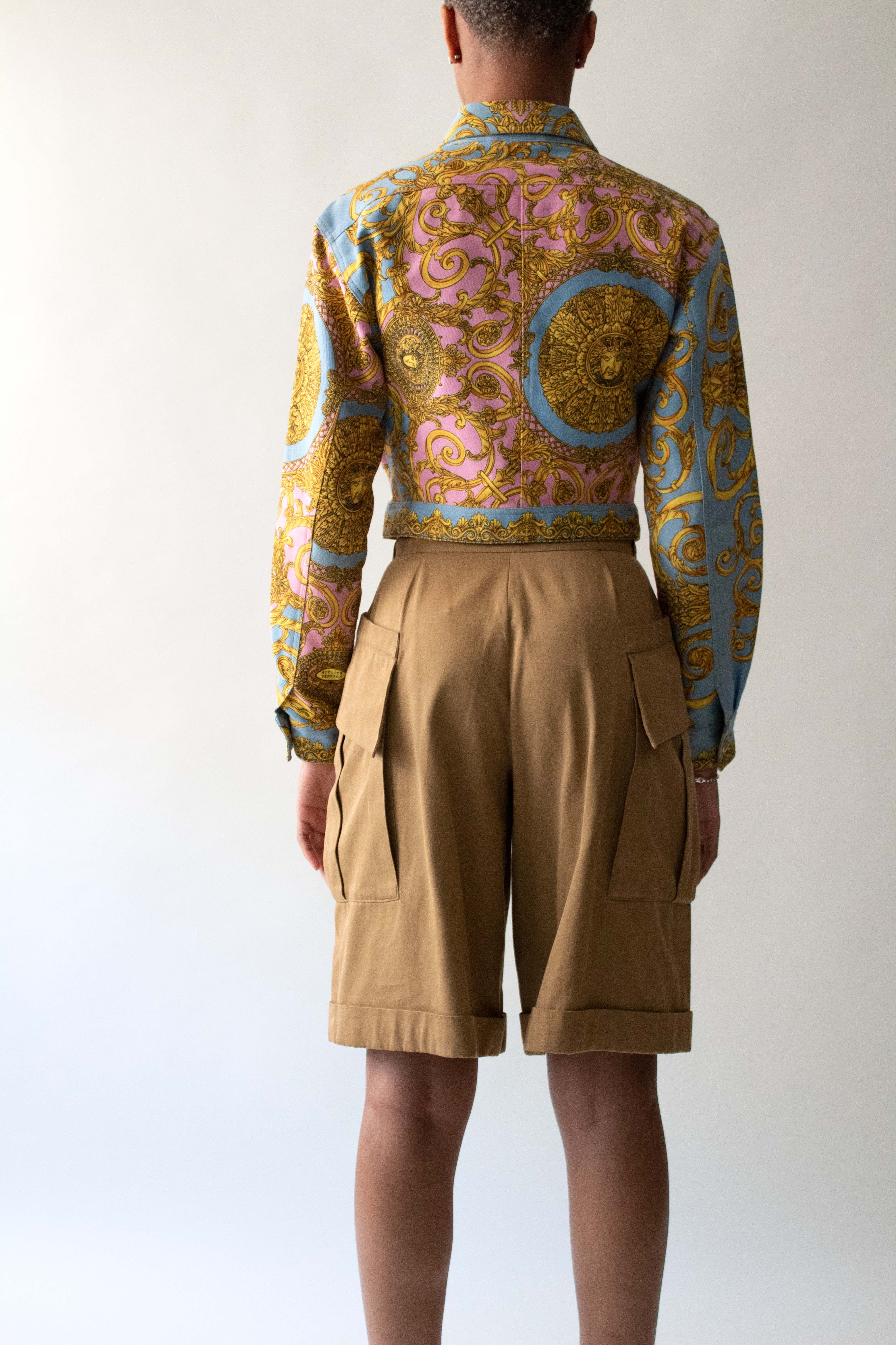 Versace 1992 Blue and Pink Cotton Printed Brocade Jacket