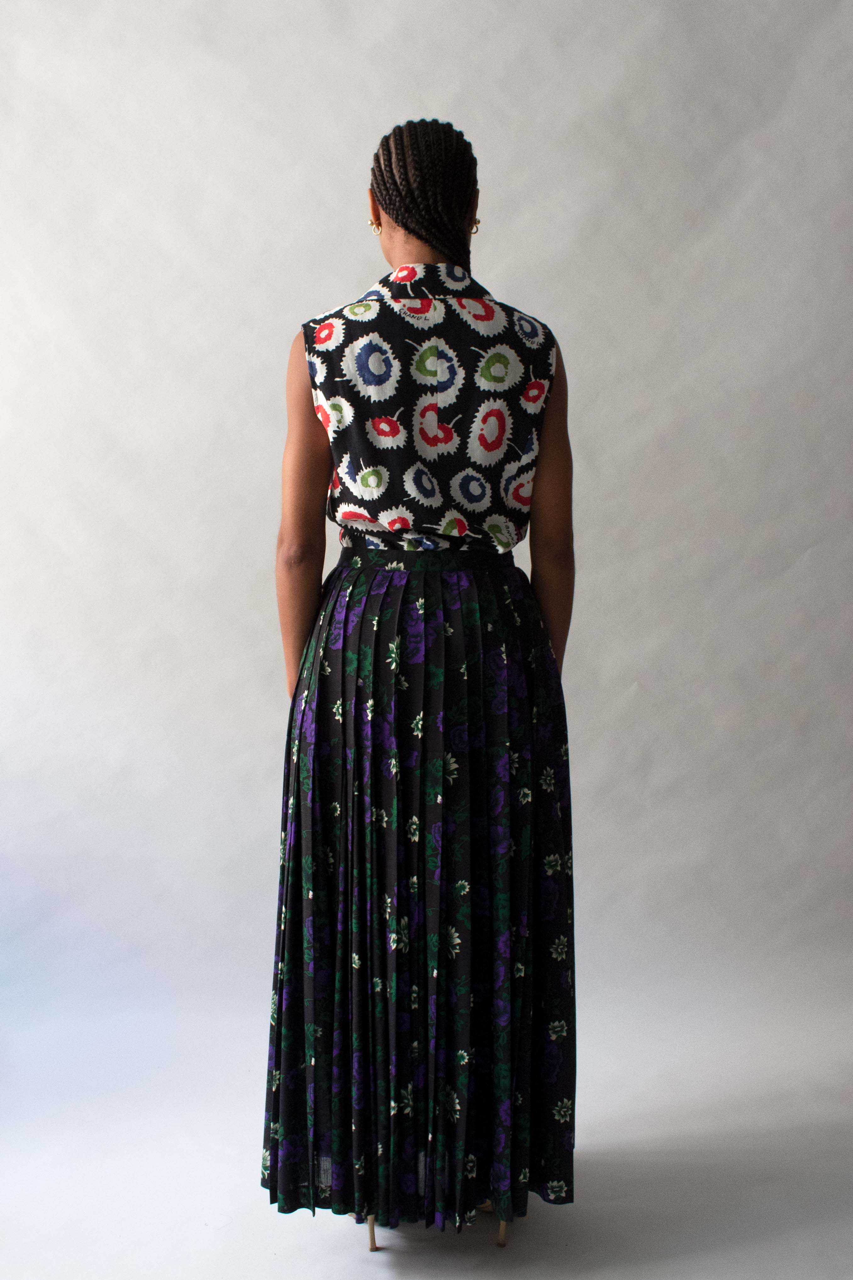 Issey Miyake Black Floral Print Wool Skirt