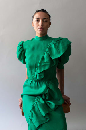 Givenchy Green Puffy Shoulder and Ruffle Dress