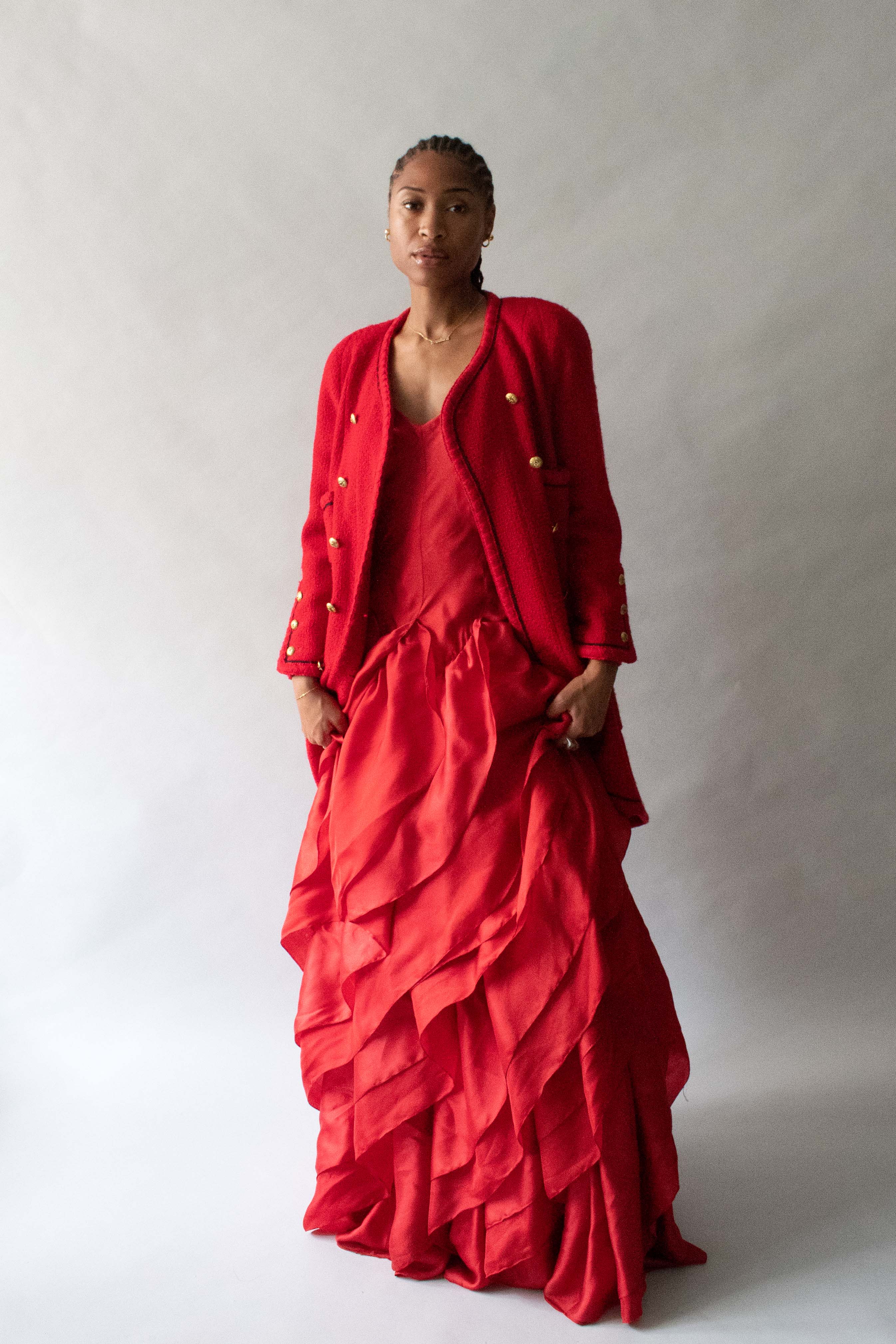 Halston Red Silk Organza Tierred Gown
