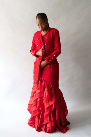 Halston Red Silk Organza Tierred Gown
