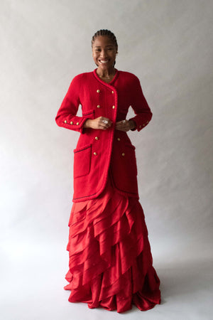 Halston Red Silk Organza Tierred Gown