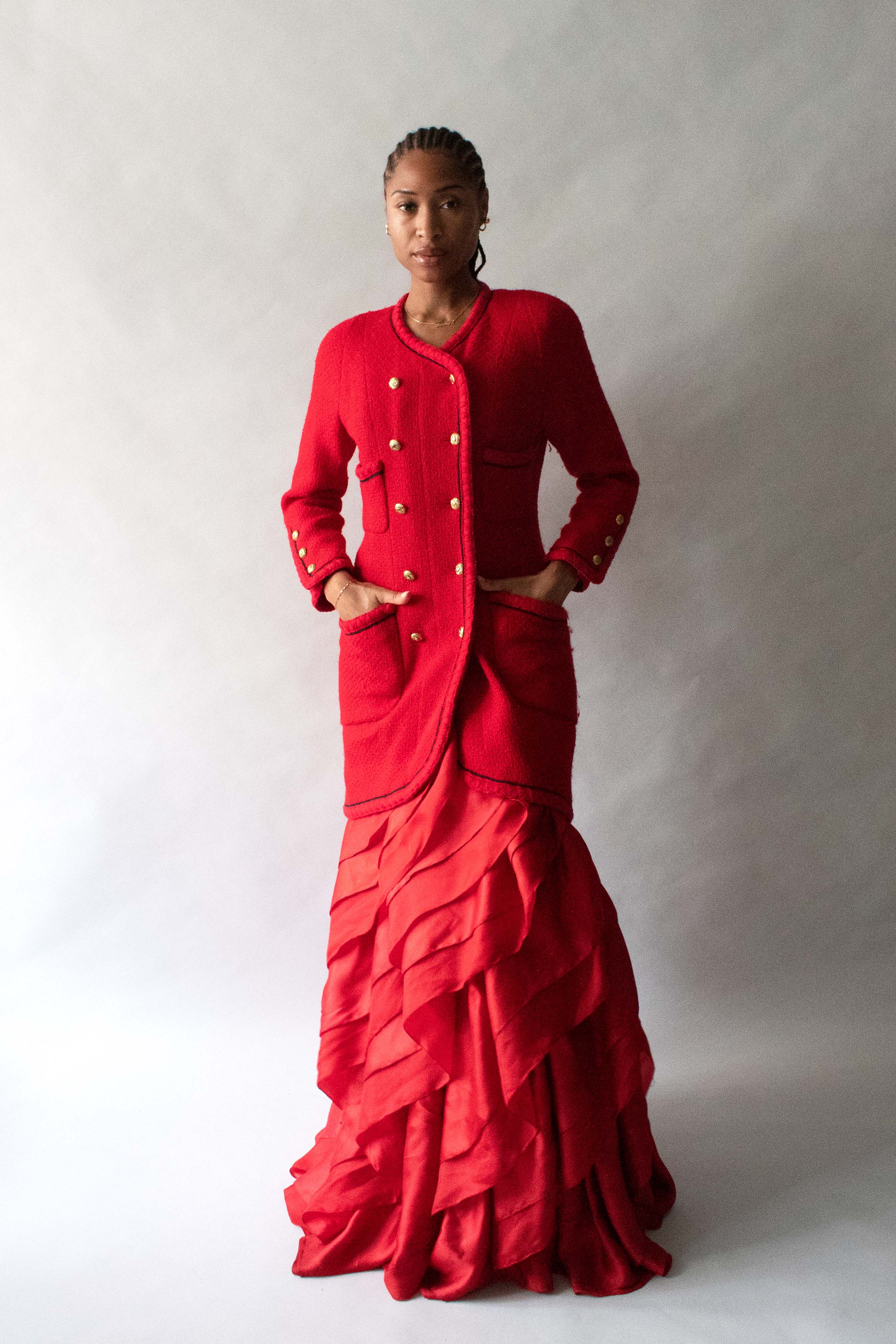 Halston Red Silk Organza Tierred Gown